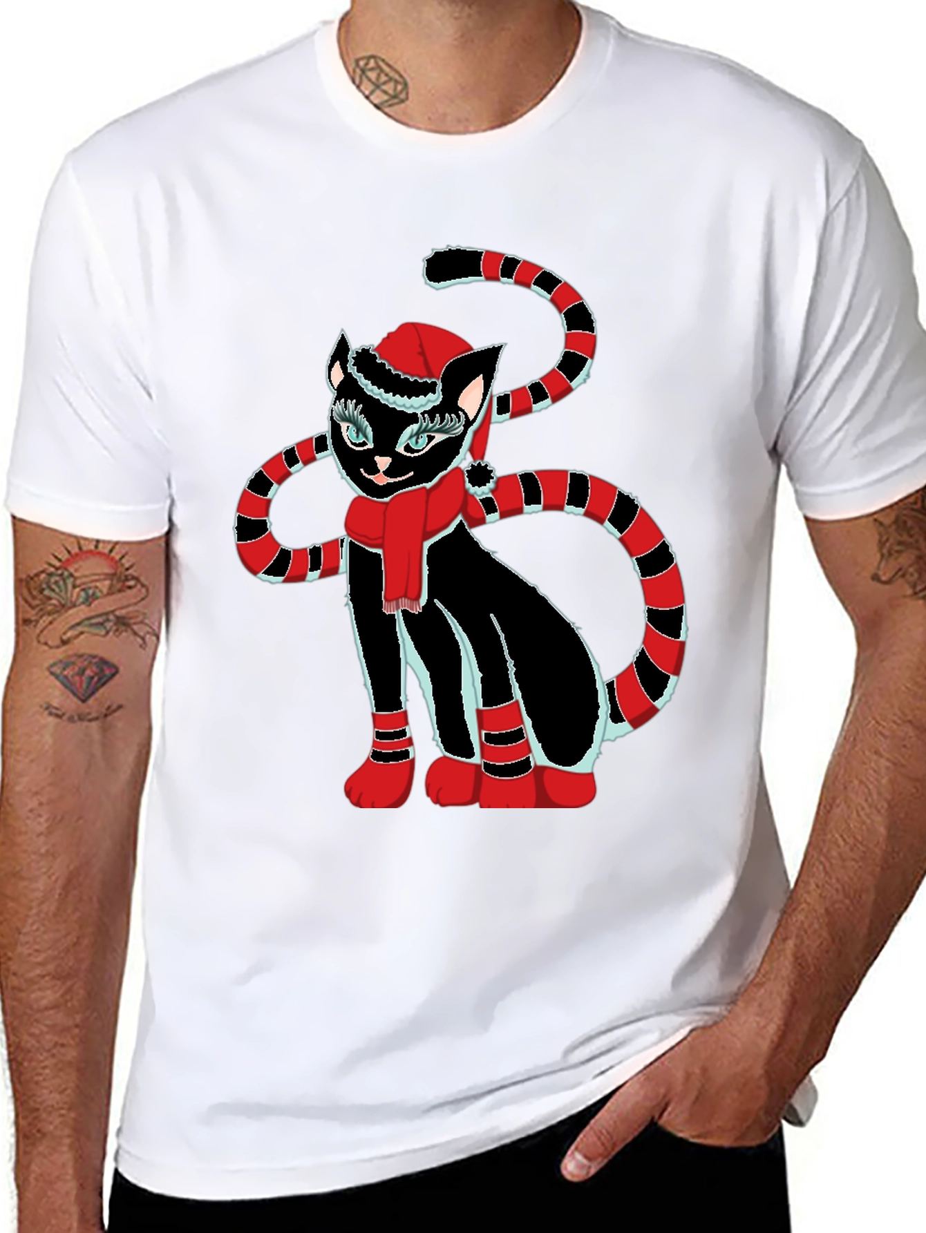Festive Cat T-Shirt - Black with Holiday Design