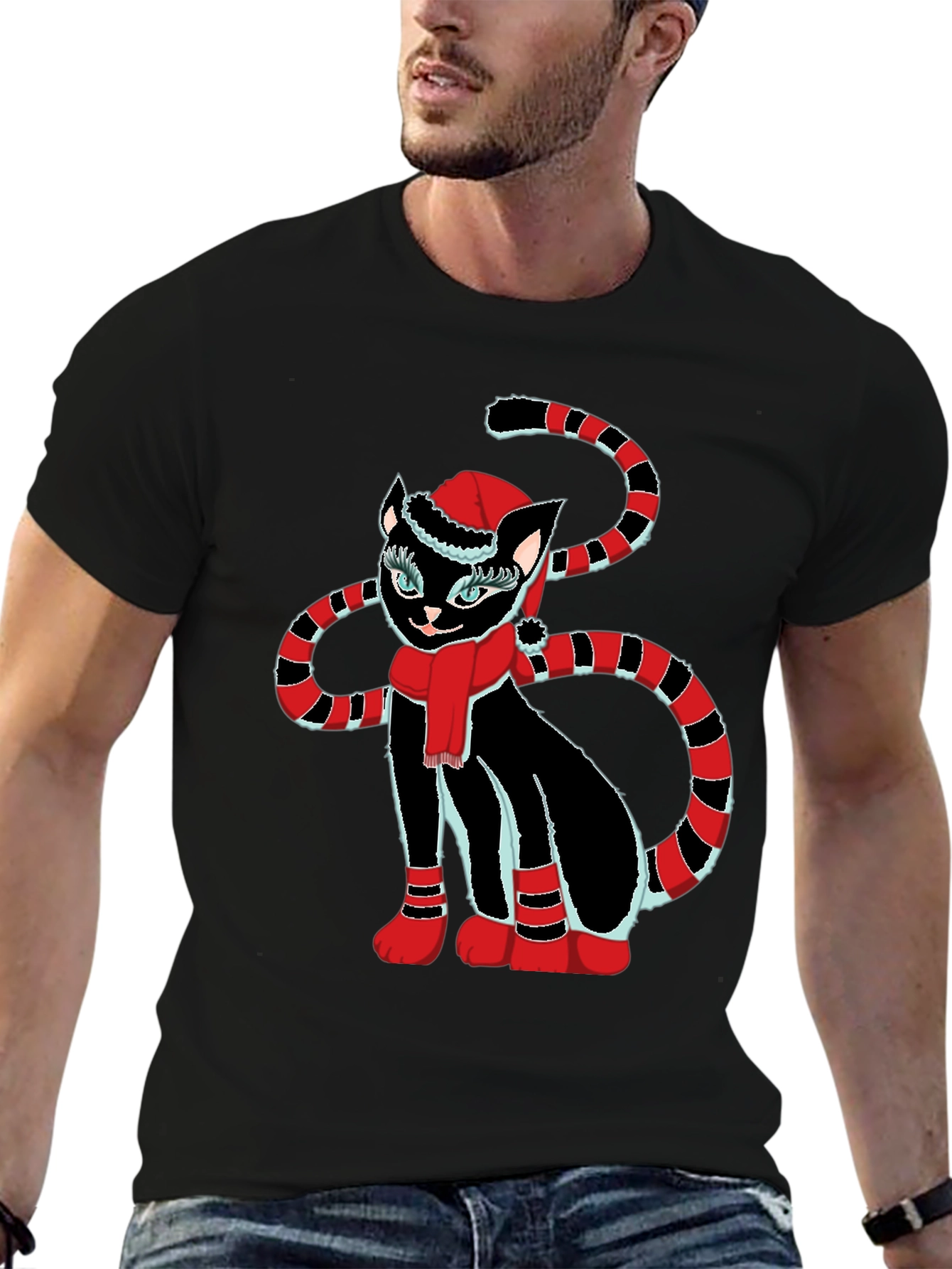 Festive Cat T-Shirt - Black with Holiday Design