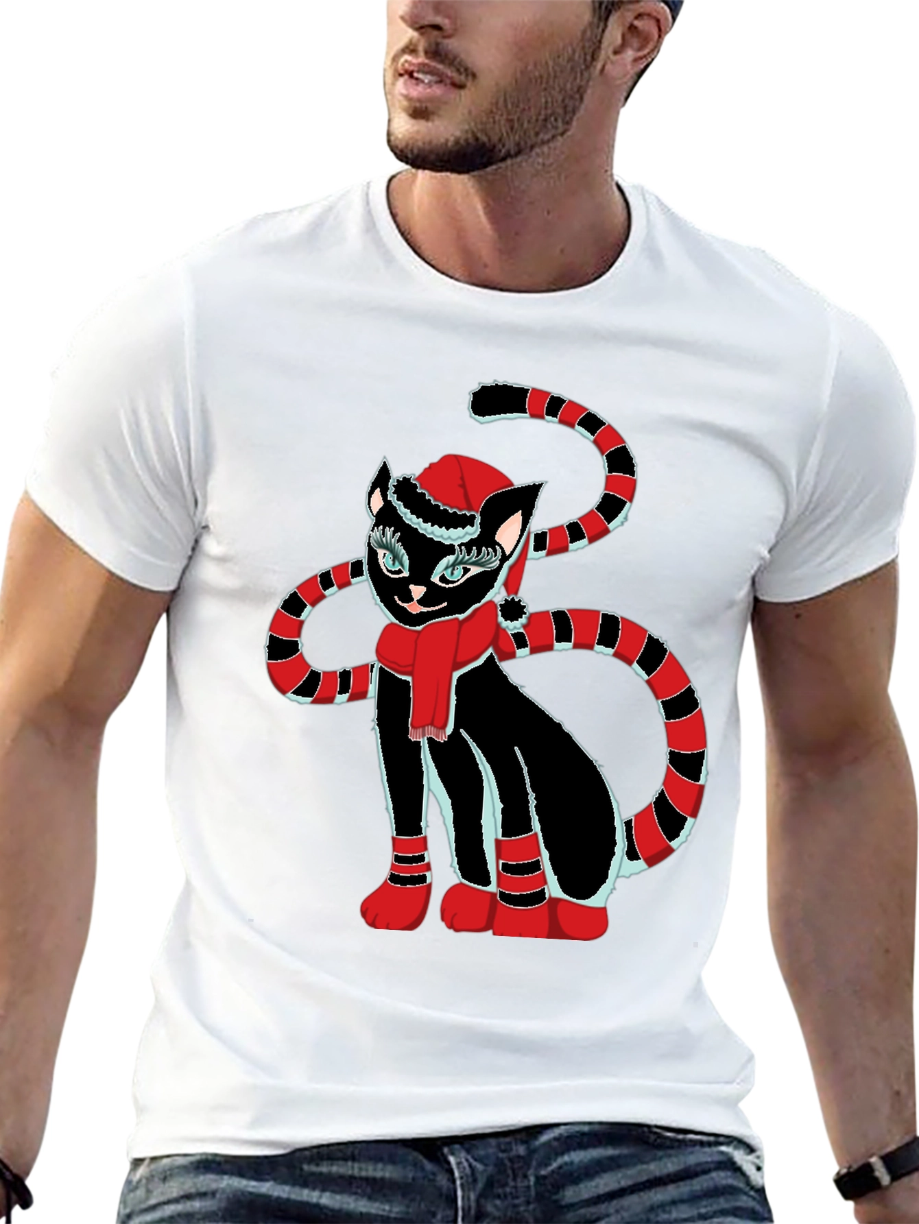 Festive Cat T-Shirt - Black with Holiday Design