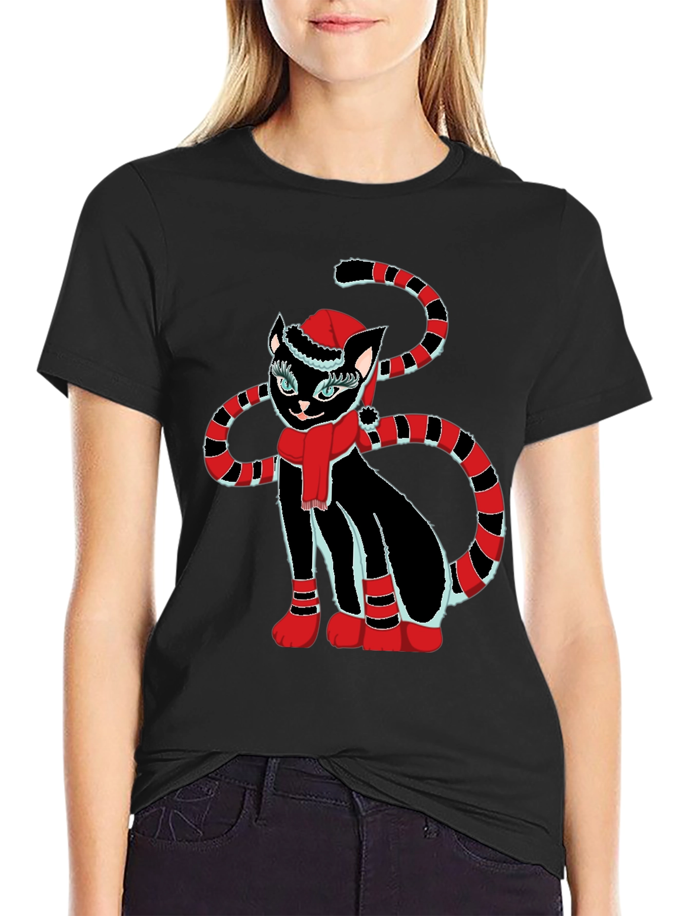 Festive Cat T-Shirt - Black with Holiday Design