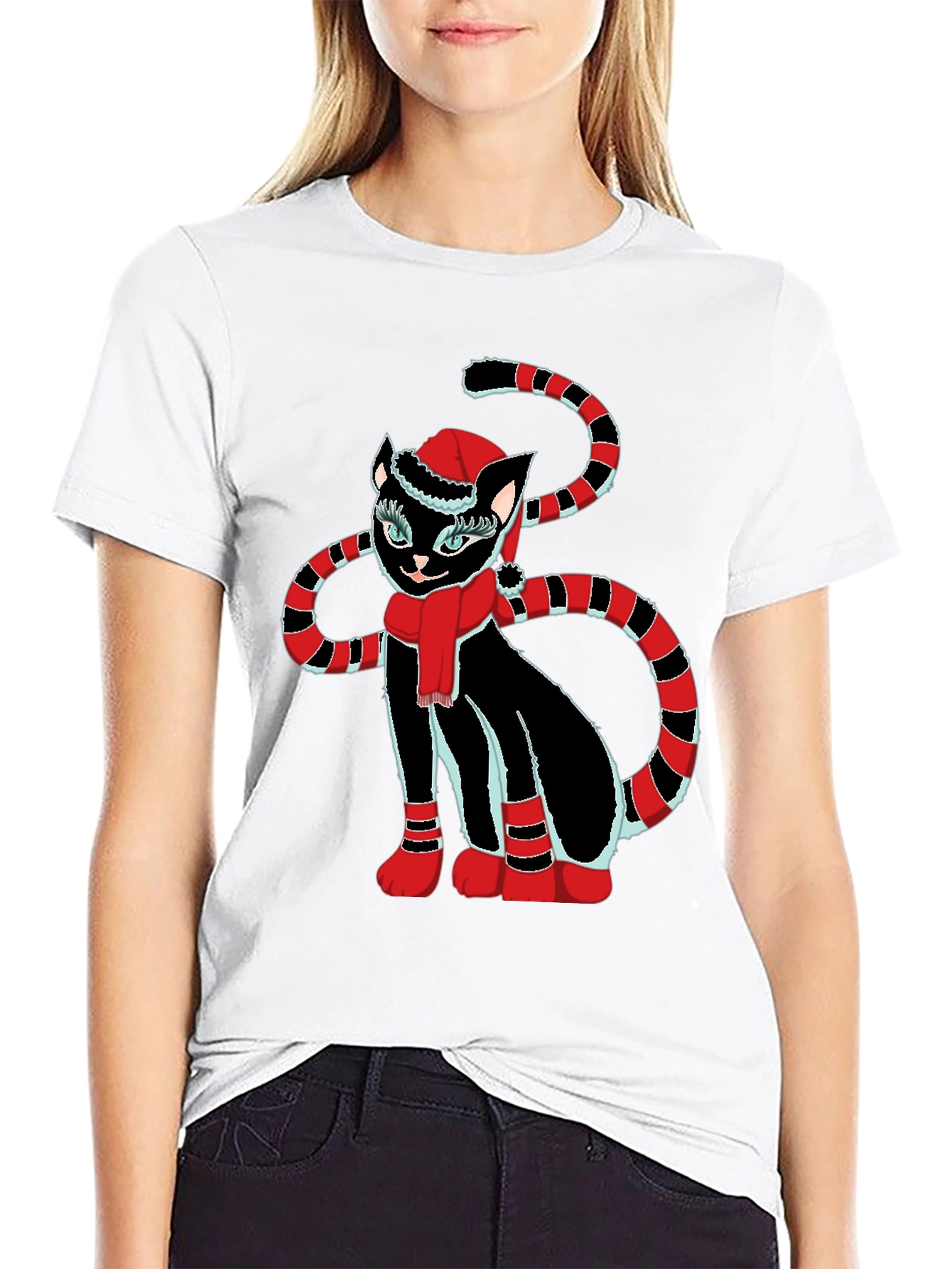Festive Cat T-Shirt - Black with Holiday Design