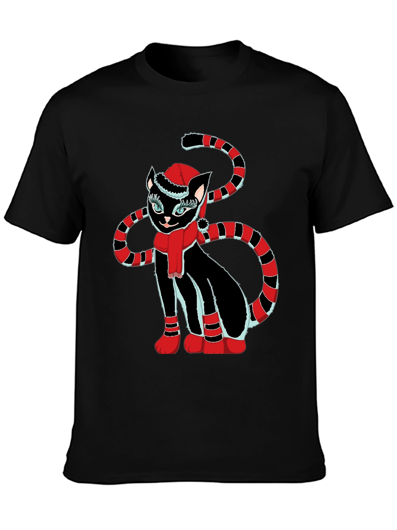 Festive Cat T-Shirt - Black with Holiday Design