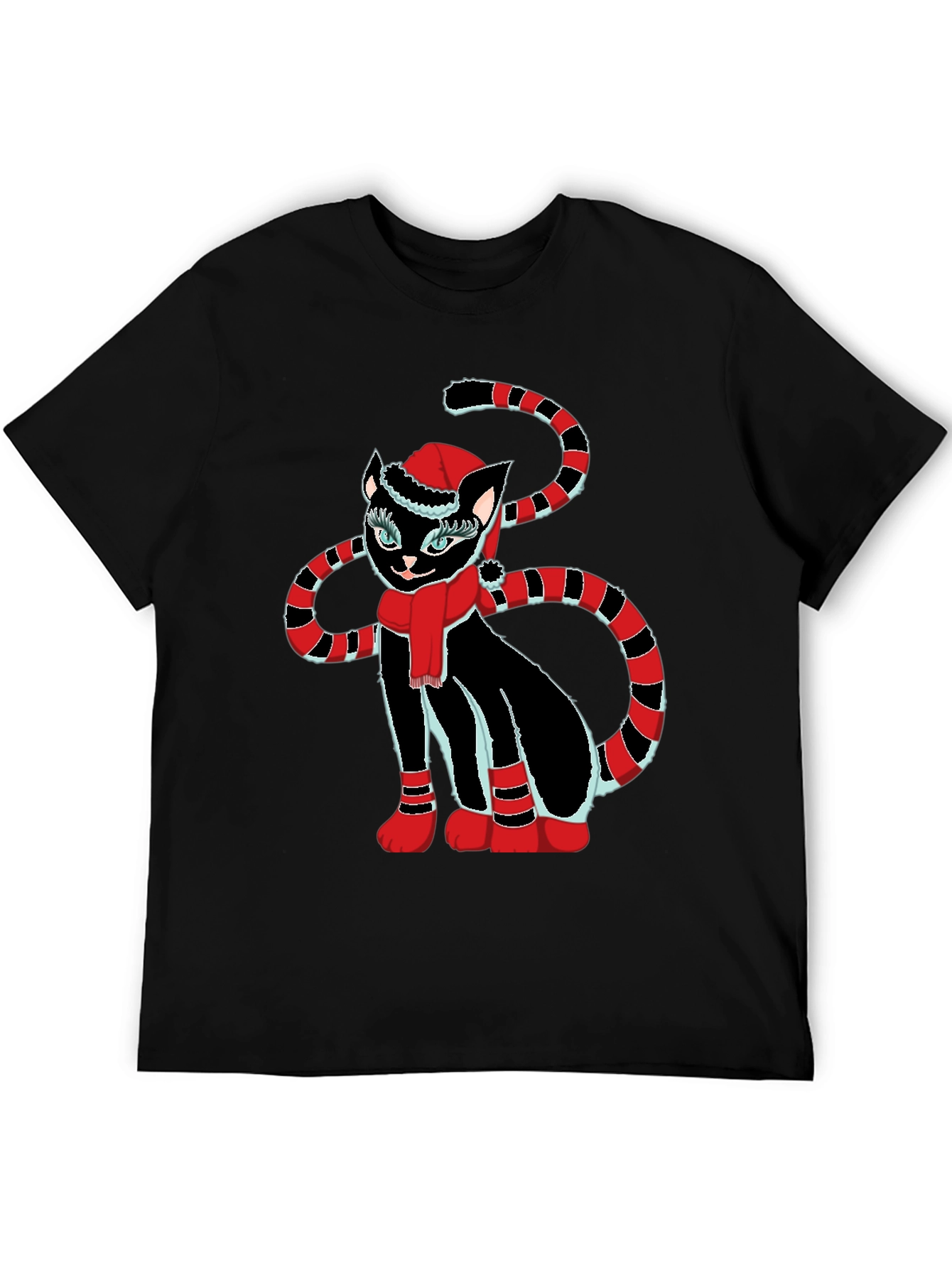 Festive Cat T-Shirt - Black with Holiday Design