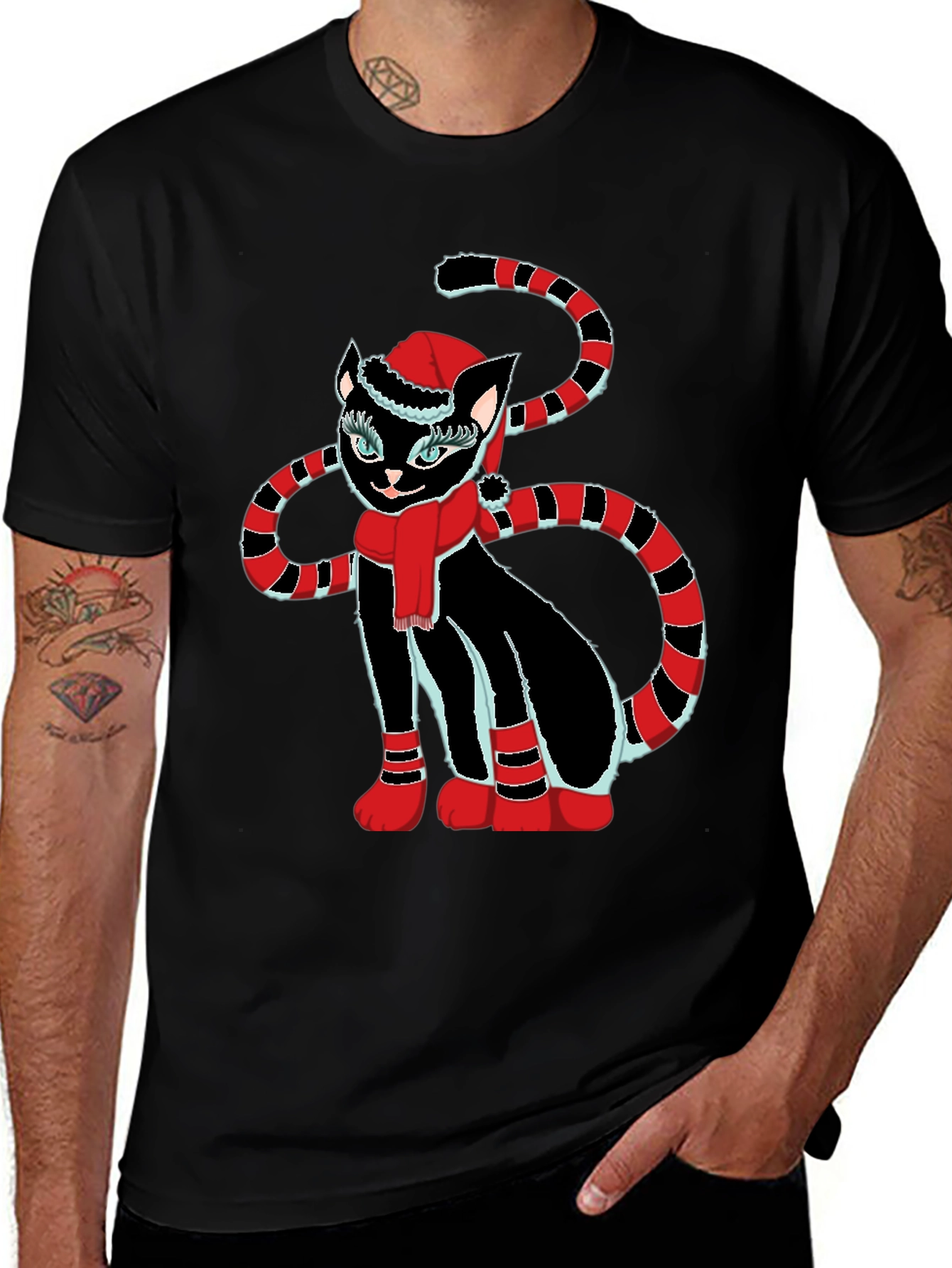 Festive Cat T-Shirt - Black with Holiday Design