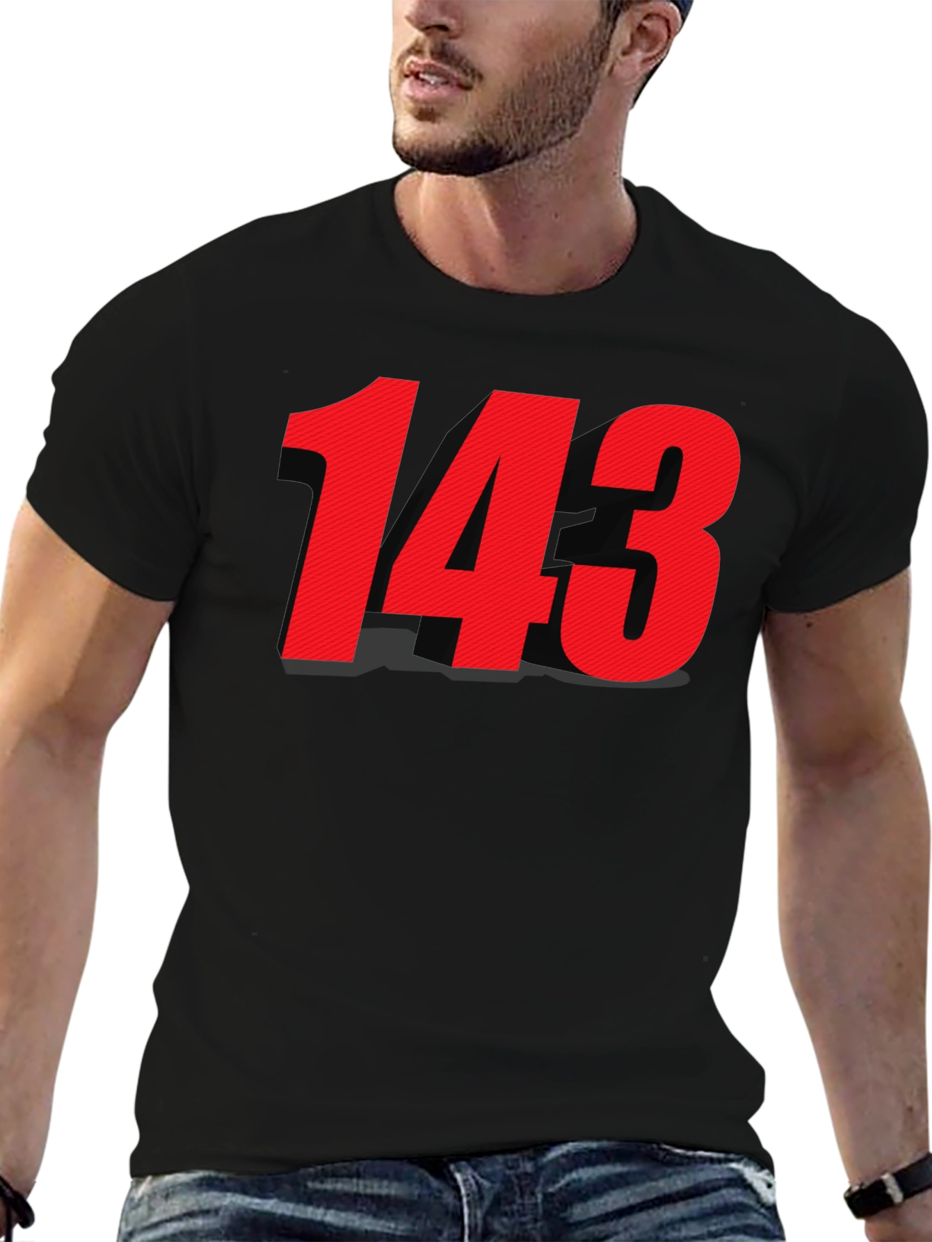 Black T-shirt with Bold Red 143 Design