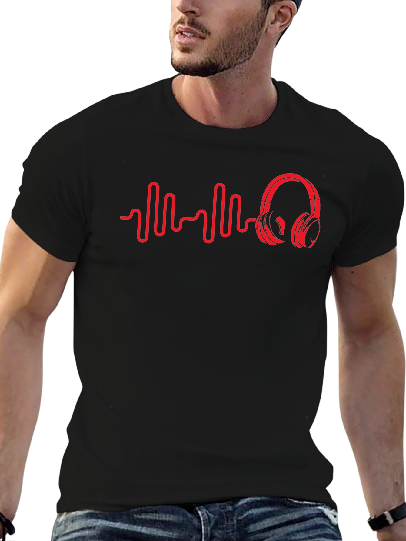 Red Beats Headphones on Black Tee