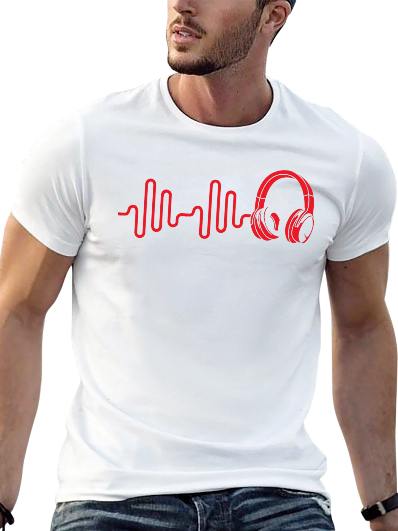 Red Beats Headphones on Black Tee