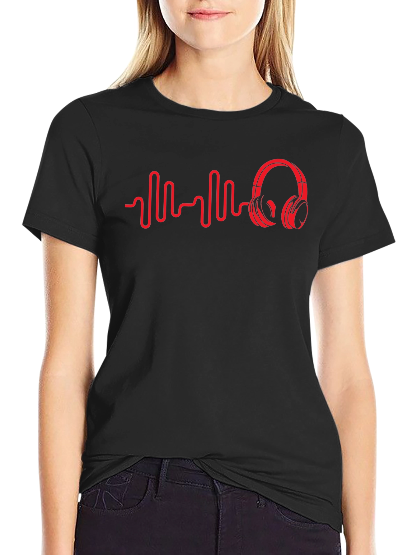 Red Beats Headphones on Black Tee