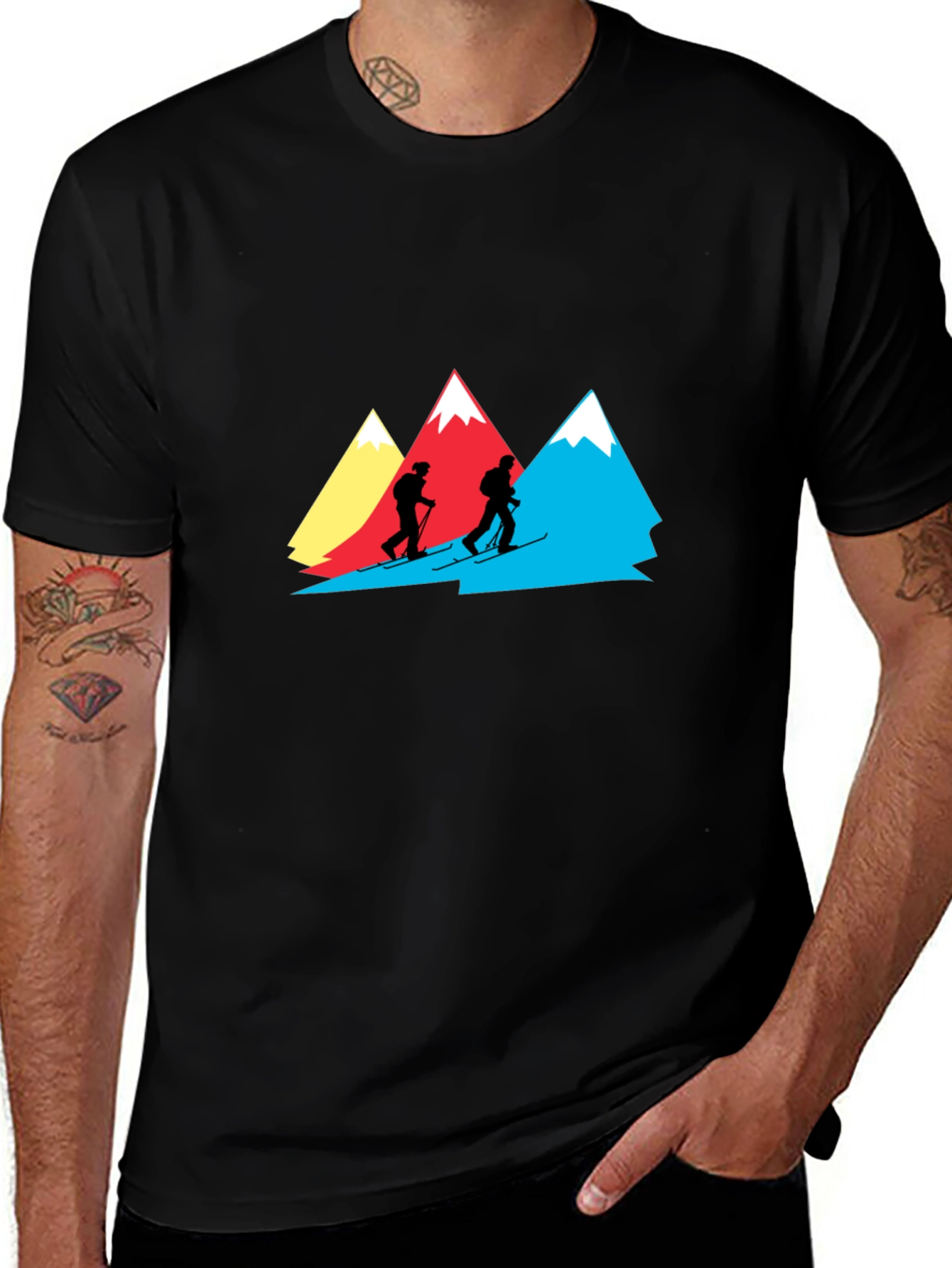Mountain Skiers Graphic Tee - Black Cotton Shirt