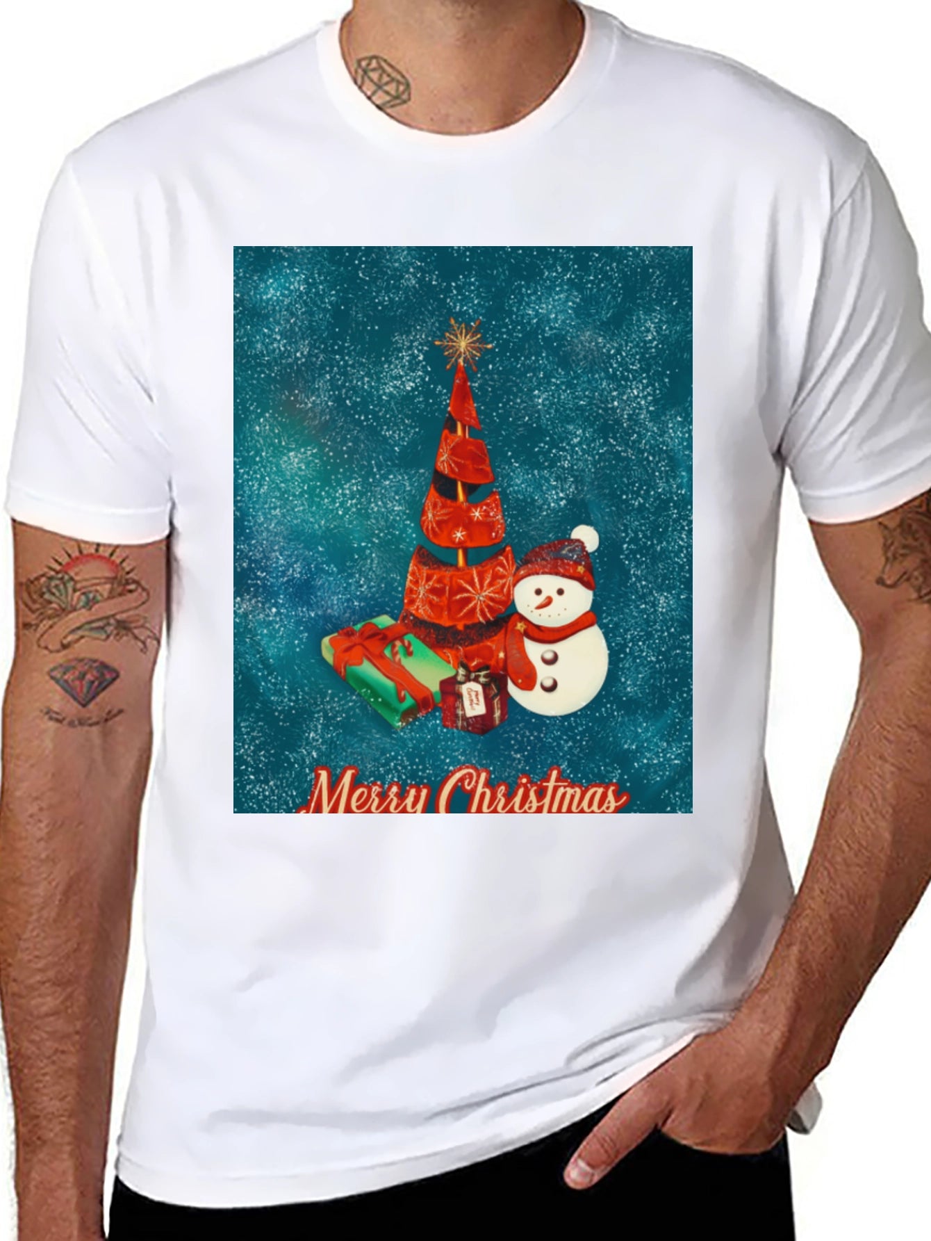 Festive Christmas Tree & Snowman Holiday T-Shirt