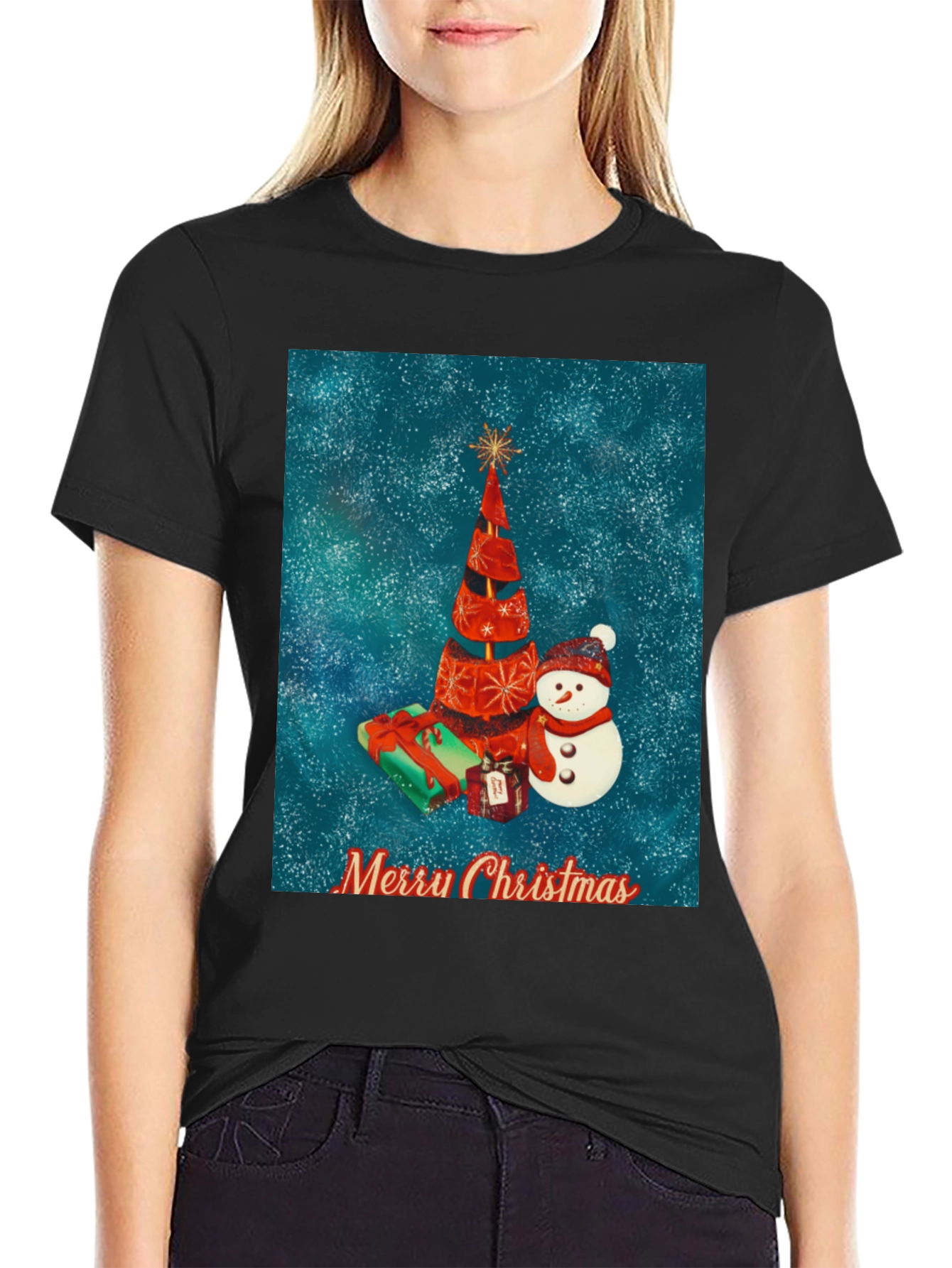 Festive Christmas Tree & Snowman Holiday T-Shirt