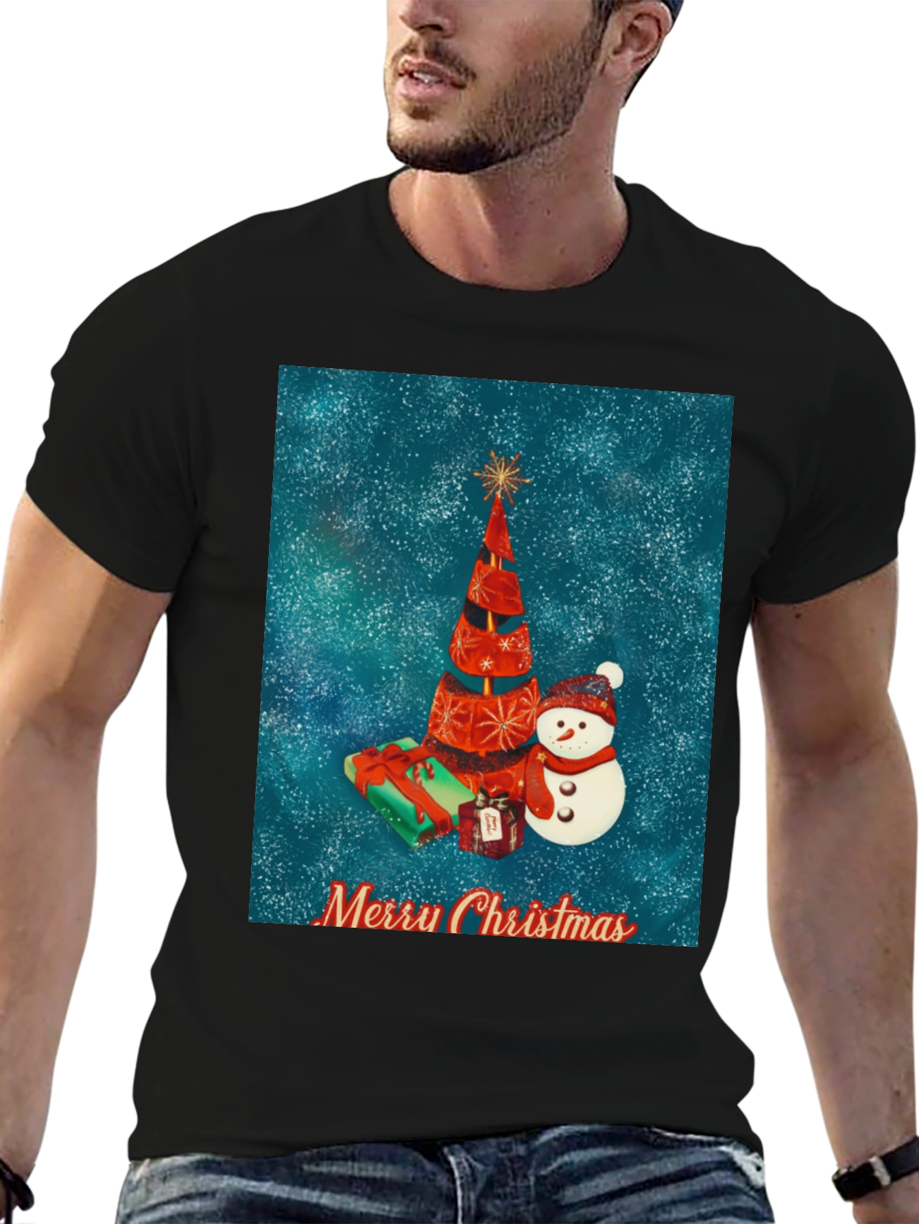 Festive Christmas Tree & Snowman Holiday T-Shirt