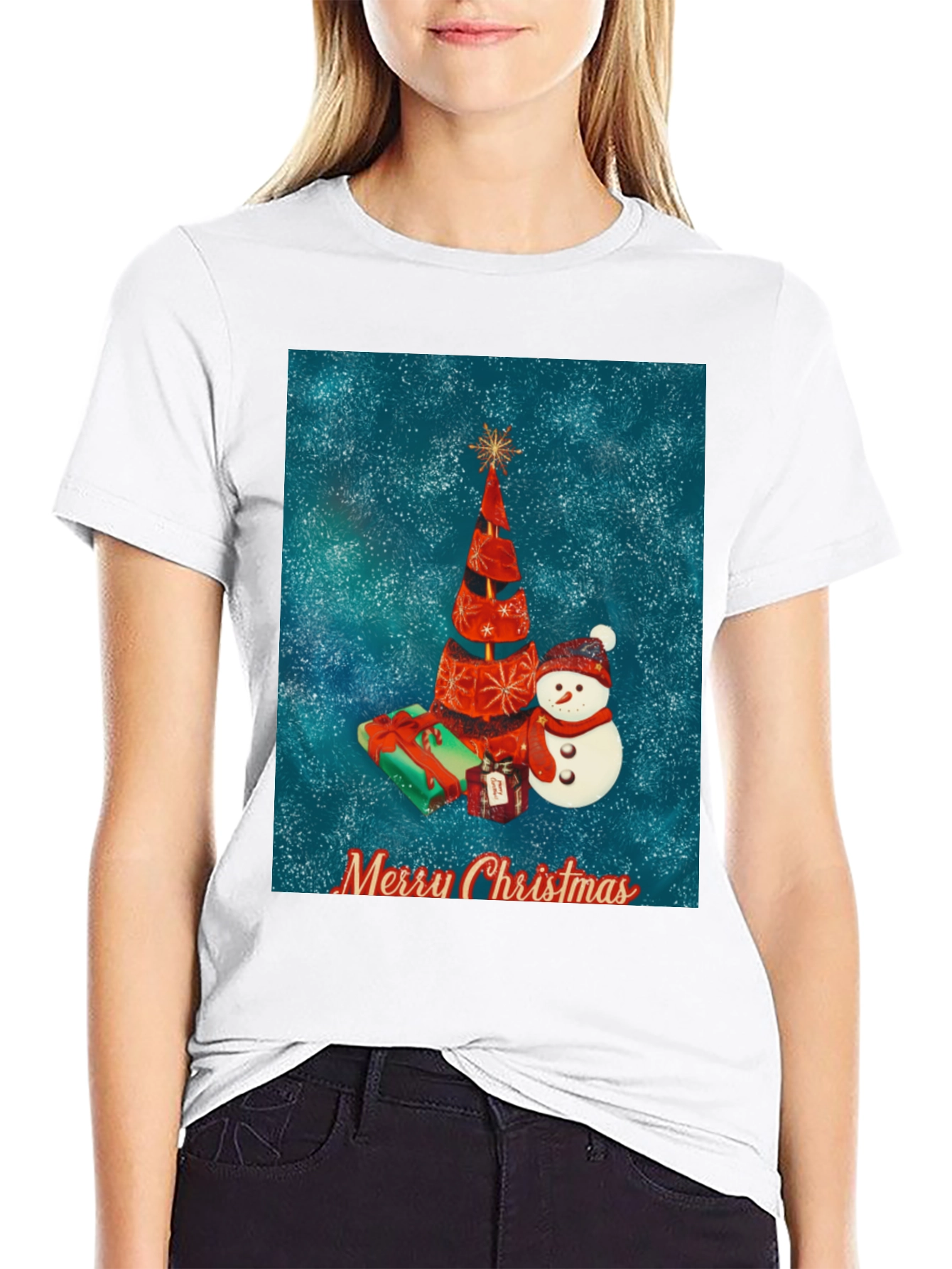Festive Christmas Tree & Snowman Holiday T-Shirt