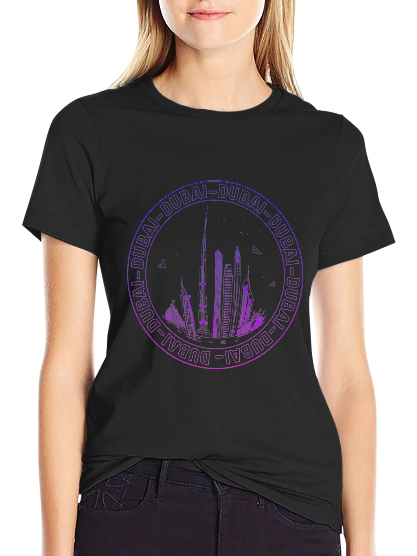 Dubai Skyline Graphic Print Black T-Shirt