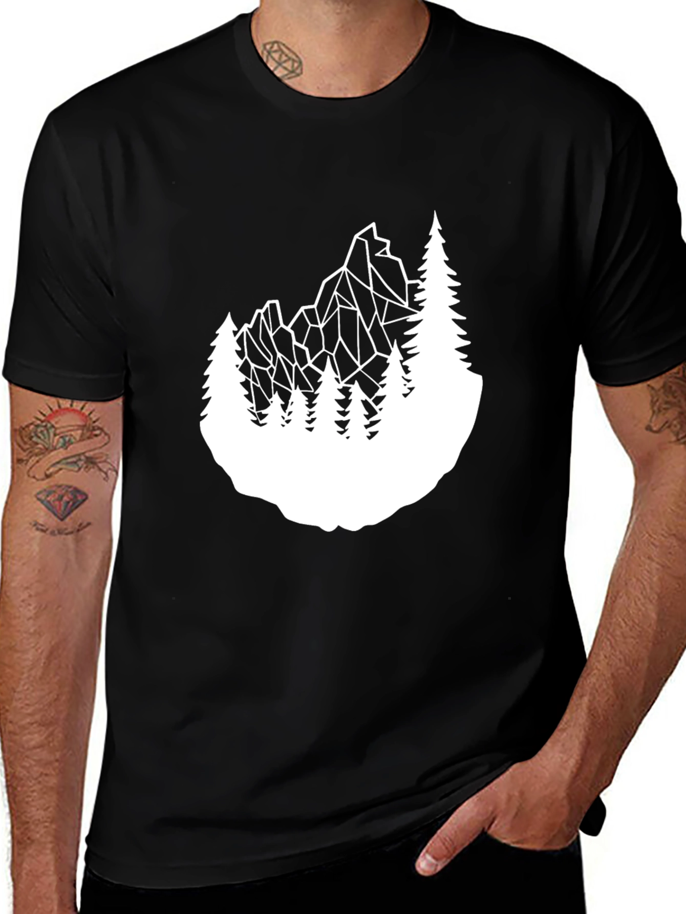 Geometric Mountain & Trees Graphic Tee - Black