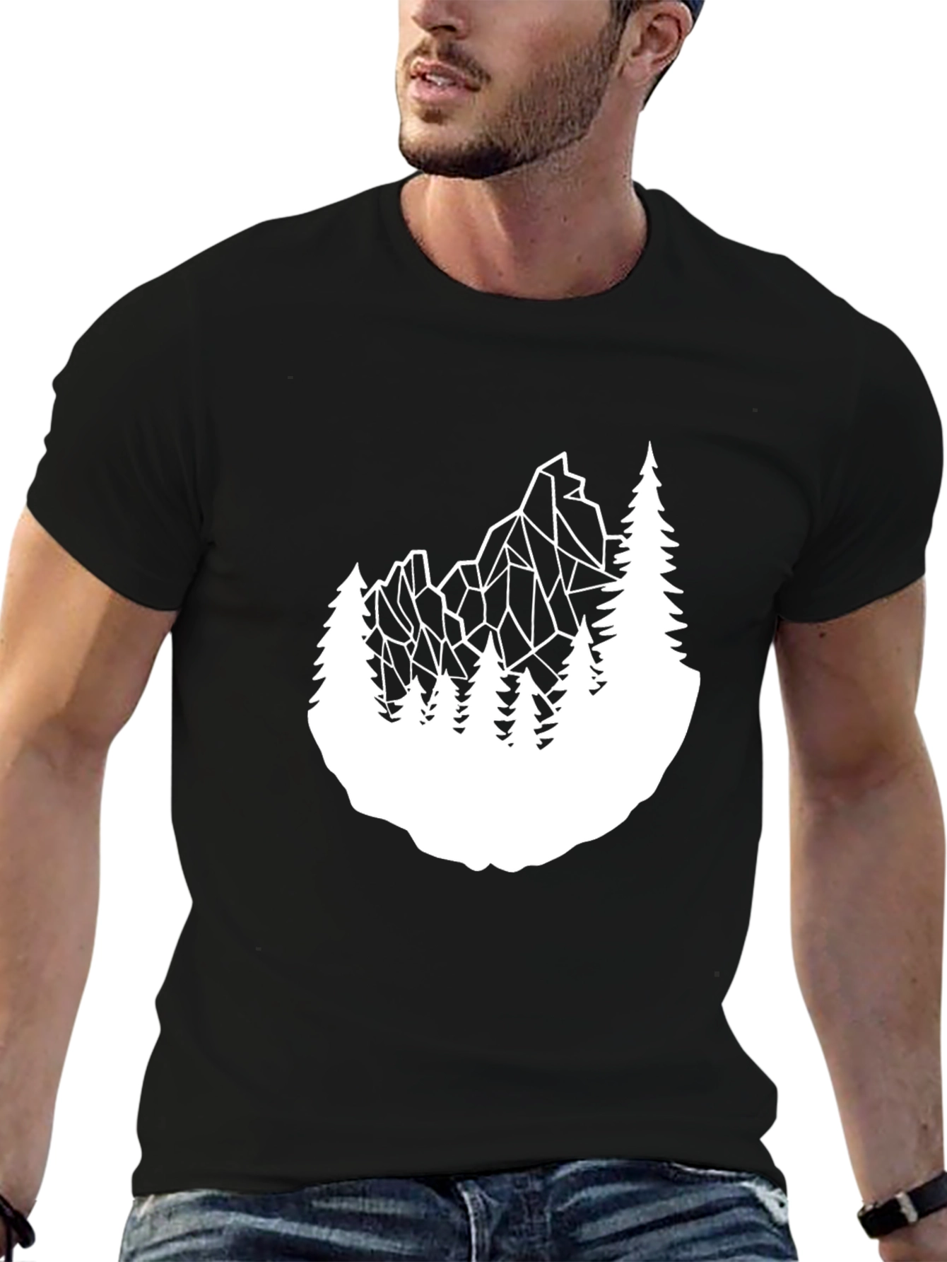 Geometric Mountain & Trees Graphic Tee - Black