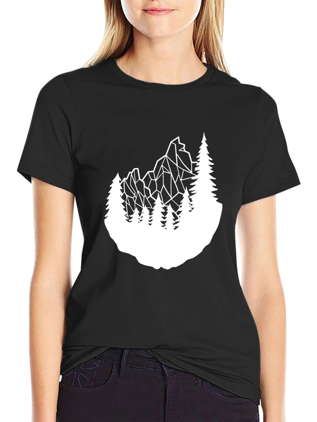 Geometric Mountain & Trees Graphic Tee - Black