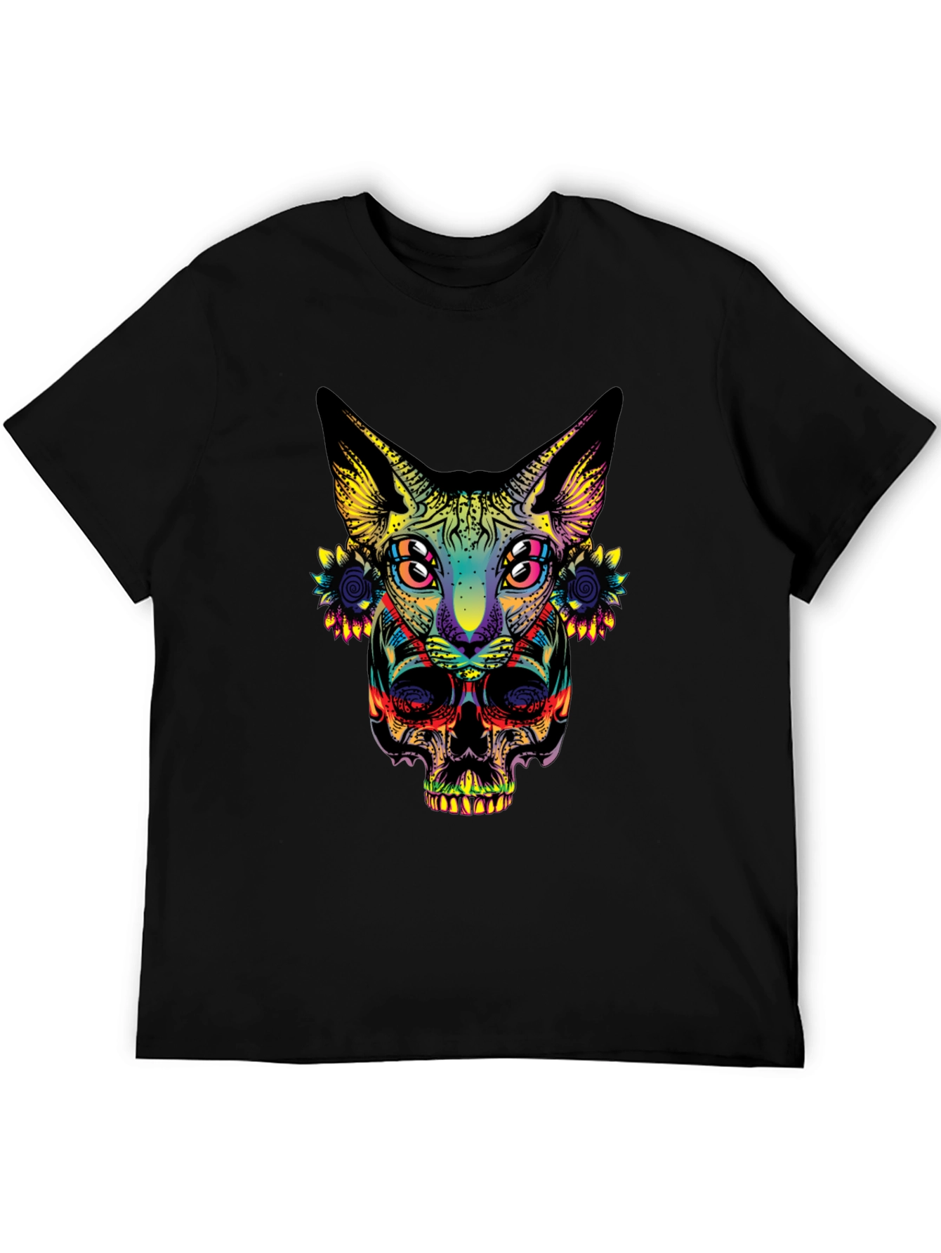 Psychedelic Cat & Skull Graphic T-Shirt