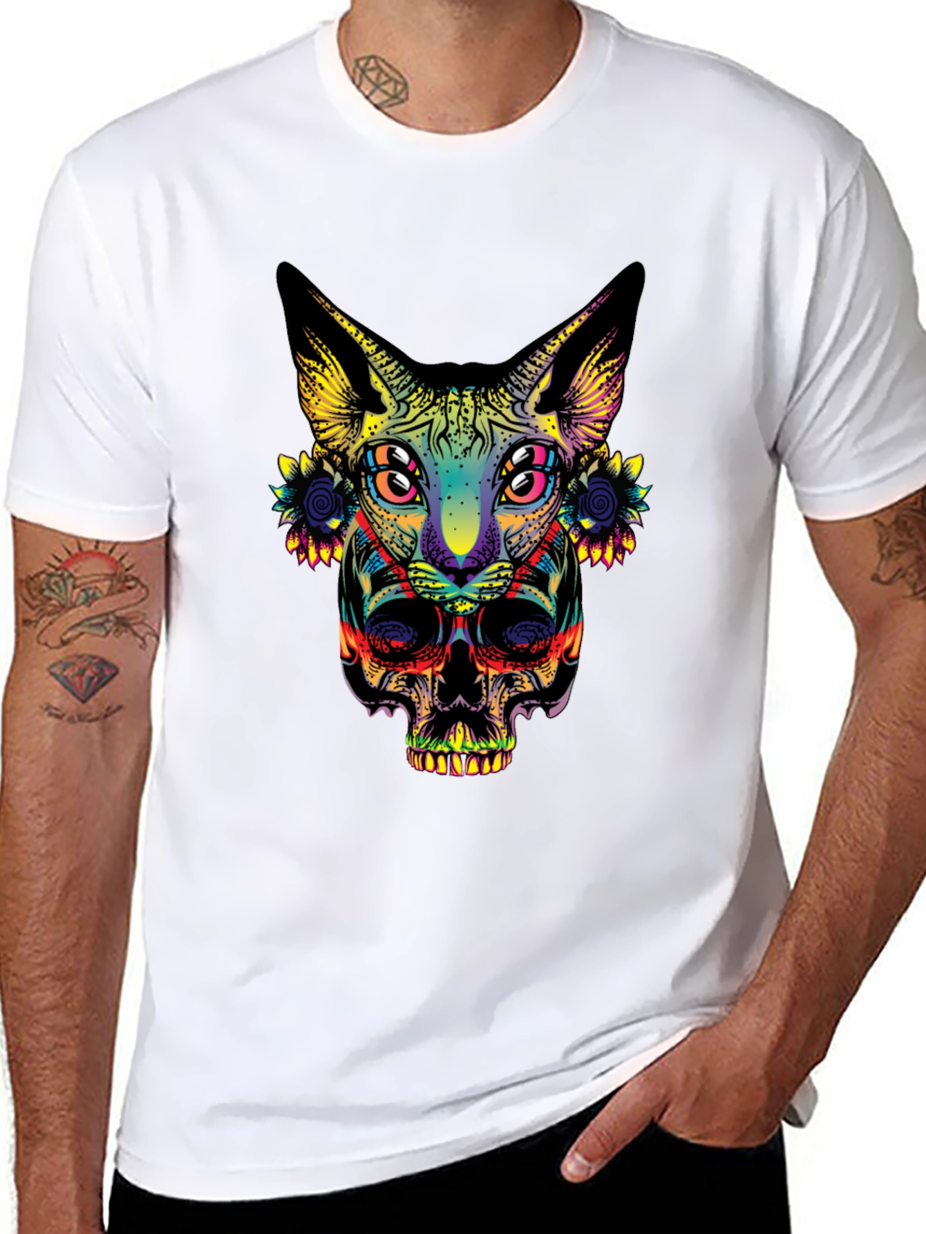 Psychedelic Cat & Skull Graphic T-Shirt