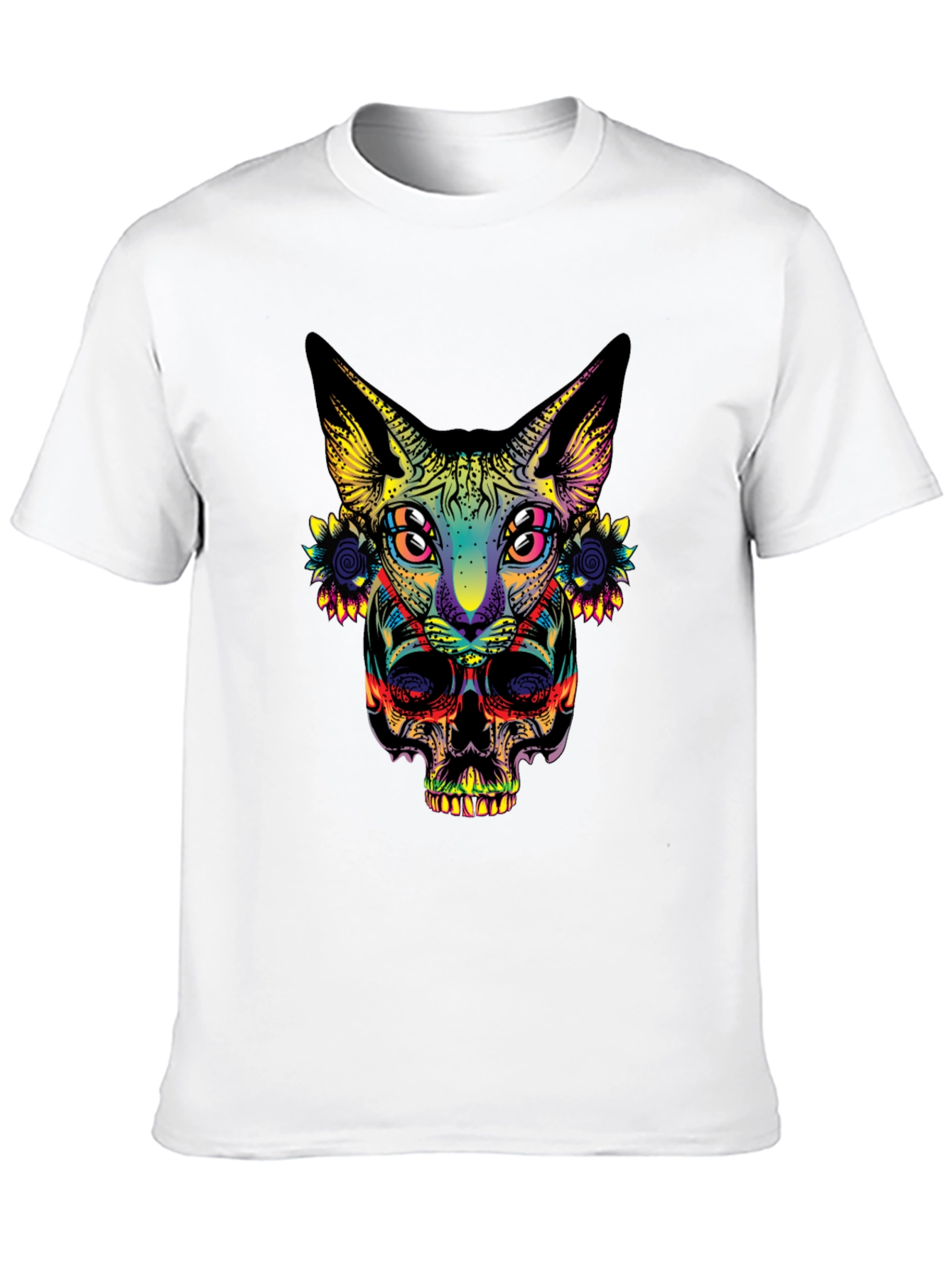 Psychedelic Cat & Skull Graphic T-Shirt