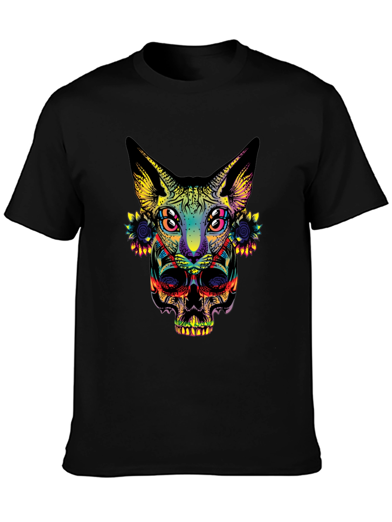 Psychedelic Cat & Skull Graphic T-Shirt