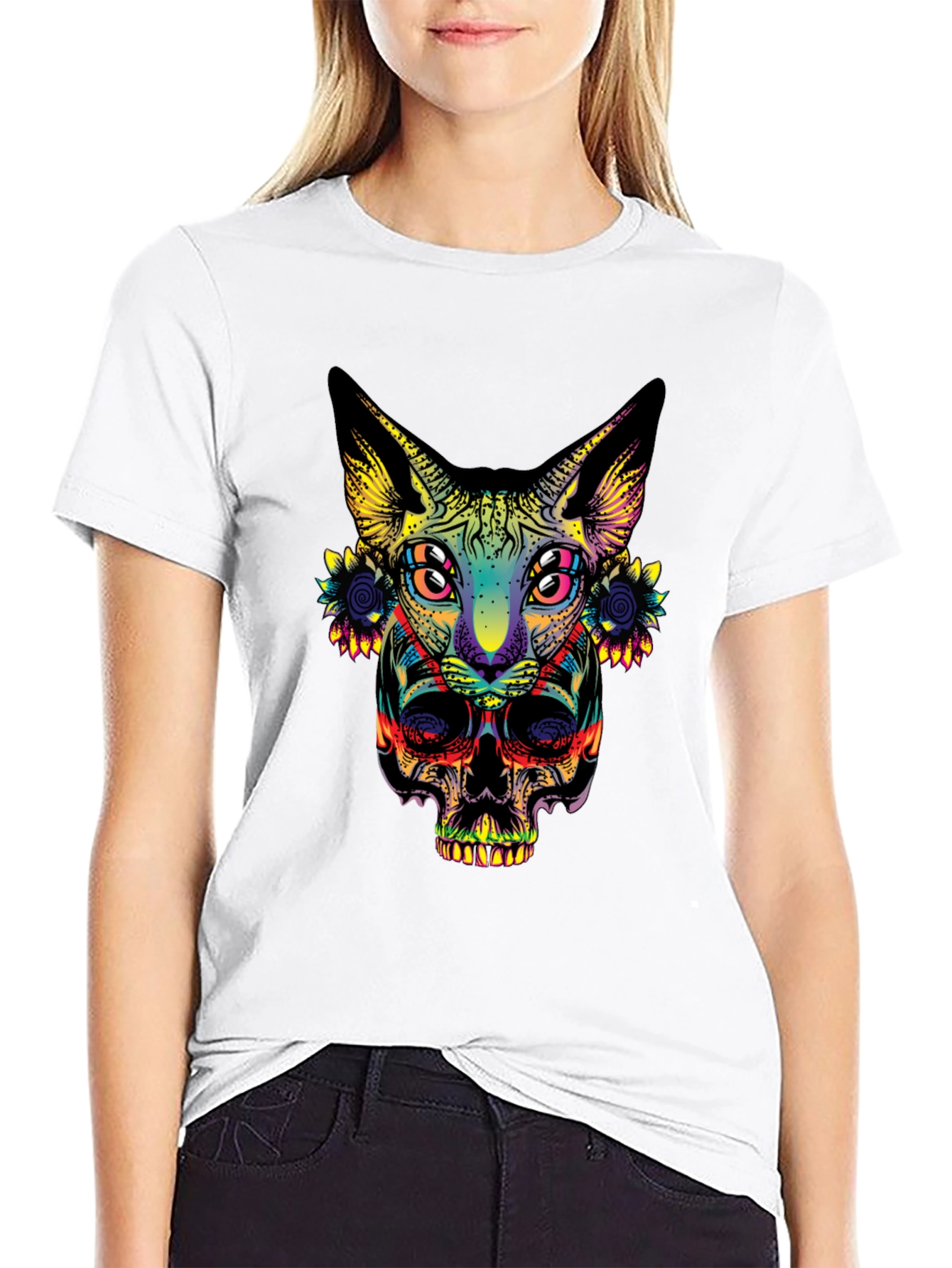 Psychedelic Cat & Skull Graphic T-Shirt