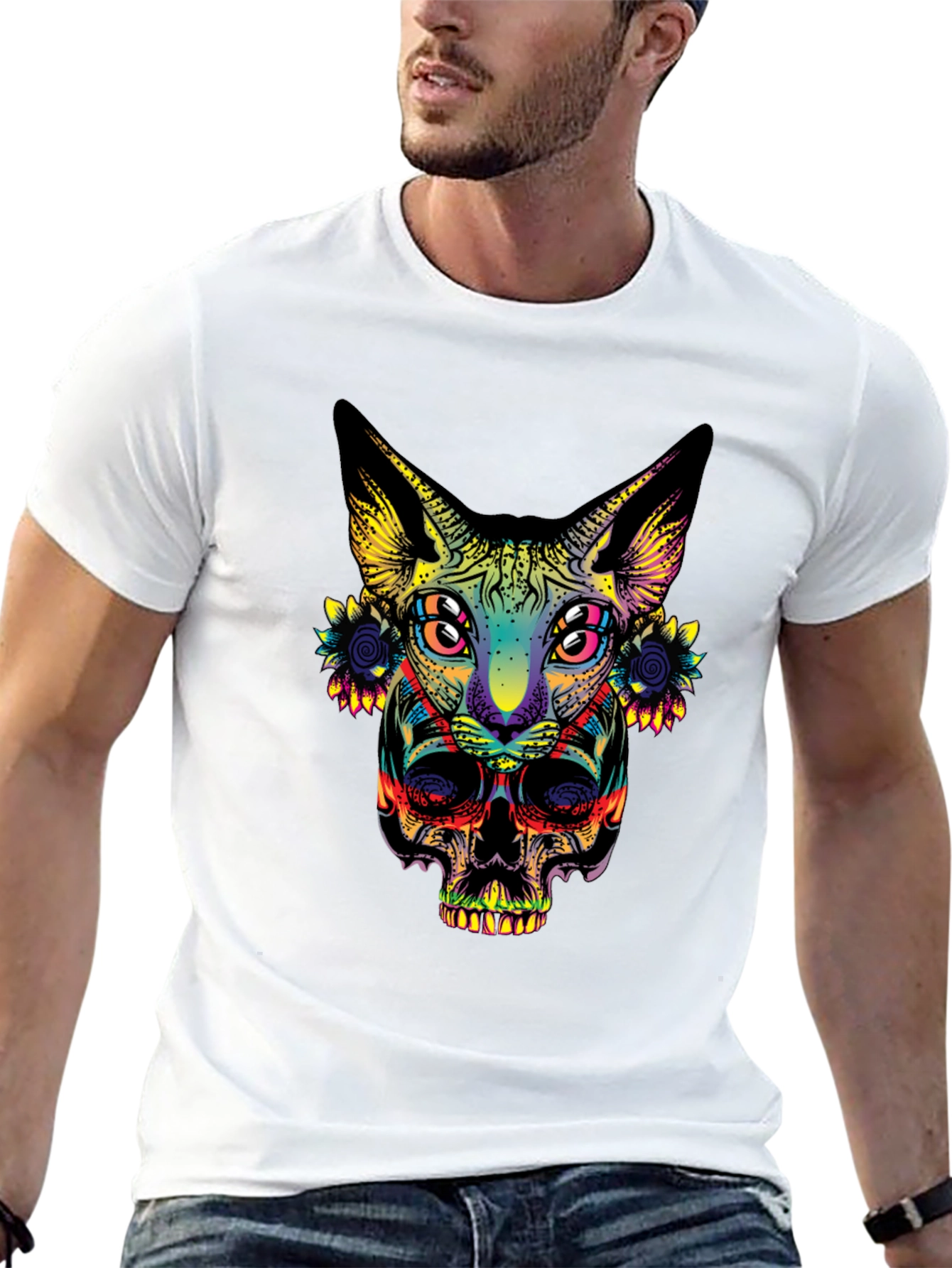 Psychedelic Cat & Skull Graphic T-Shirt