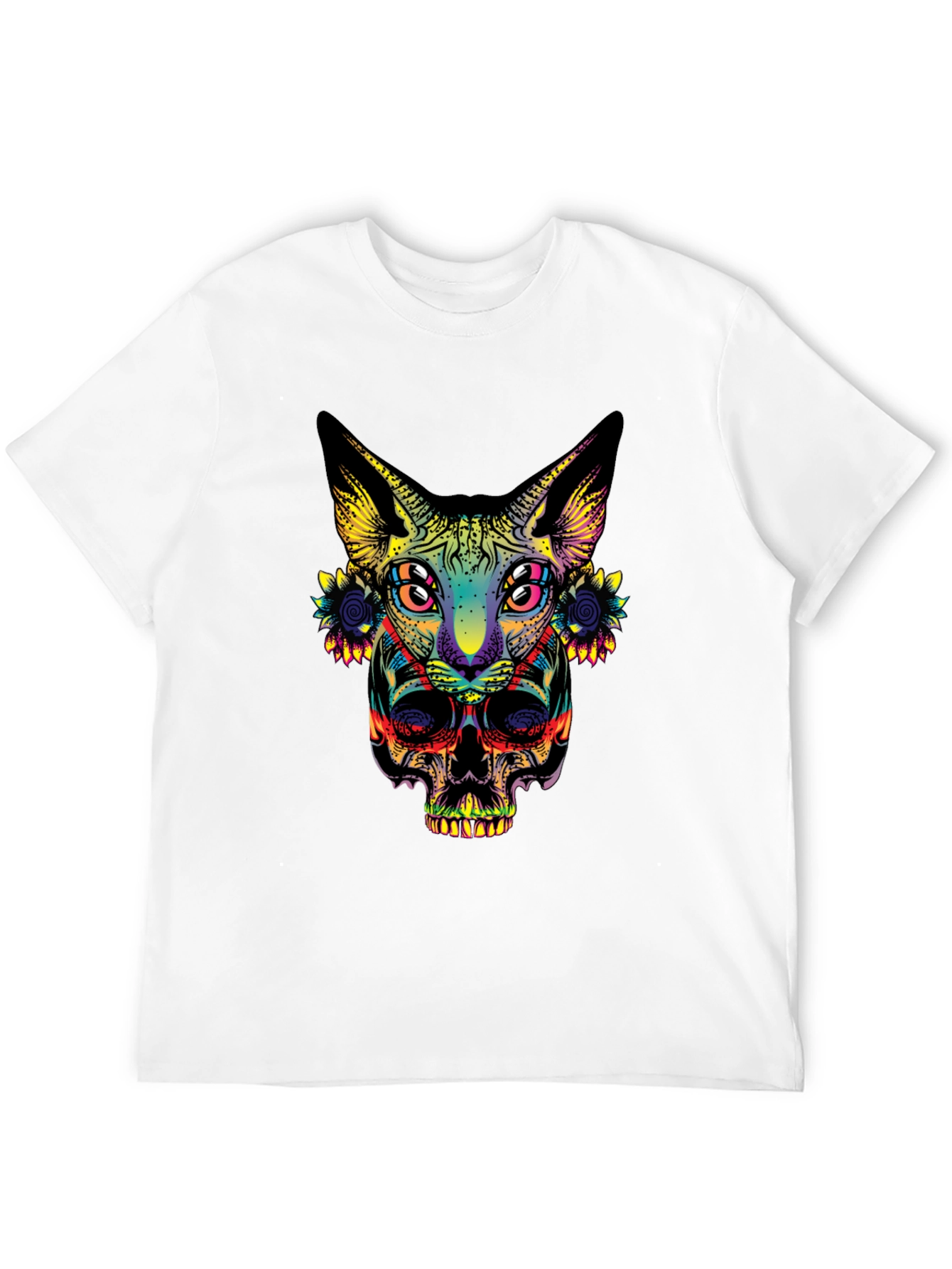 Psychedelic Cat & Skull Graphic T-Shirt