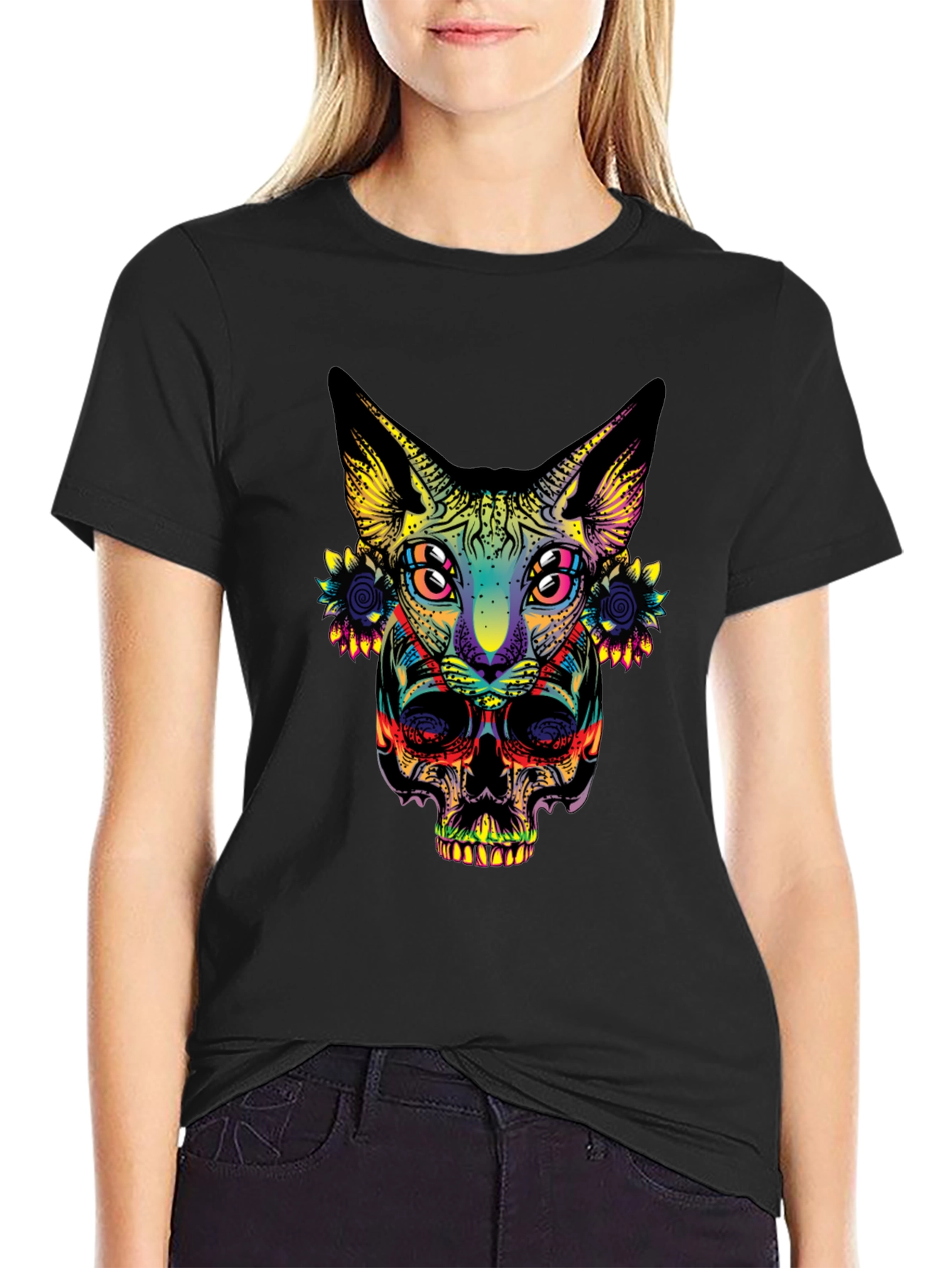 Psychedelic Cat & Skull Graphic T-Shirt