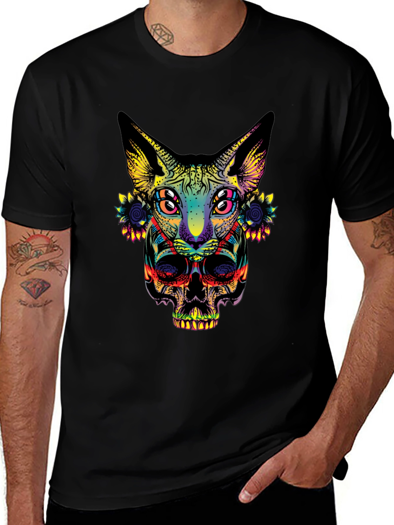 Psychedelic Cat & Skull Graphic T-Shirt