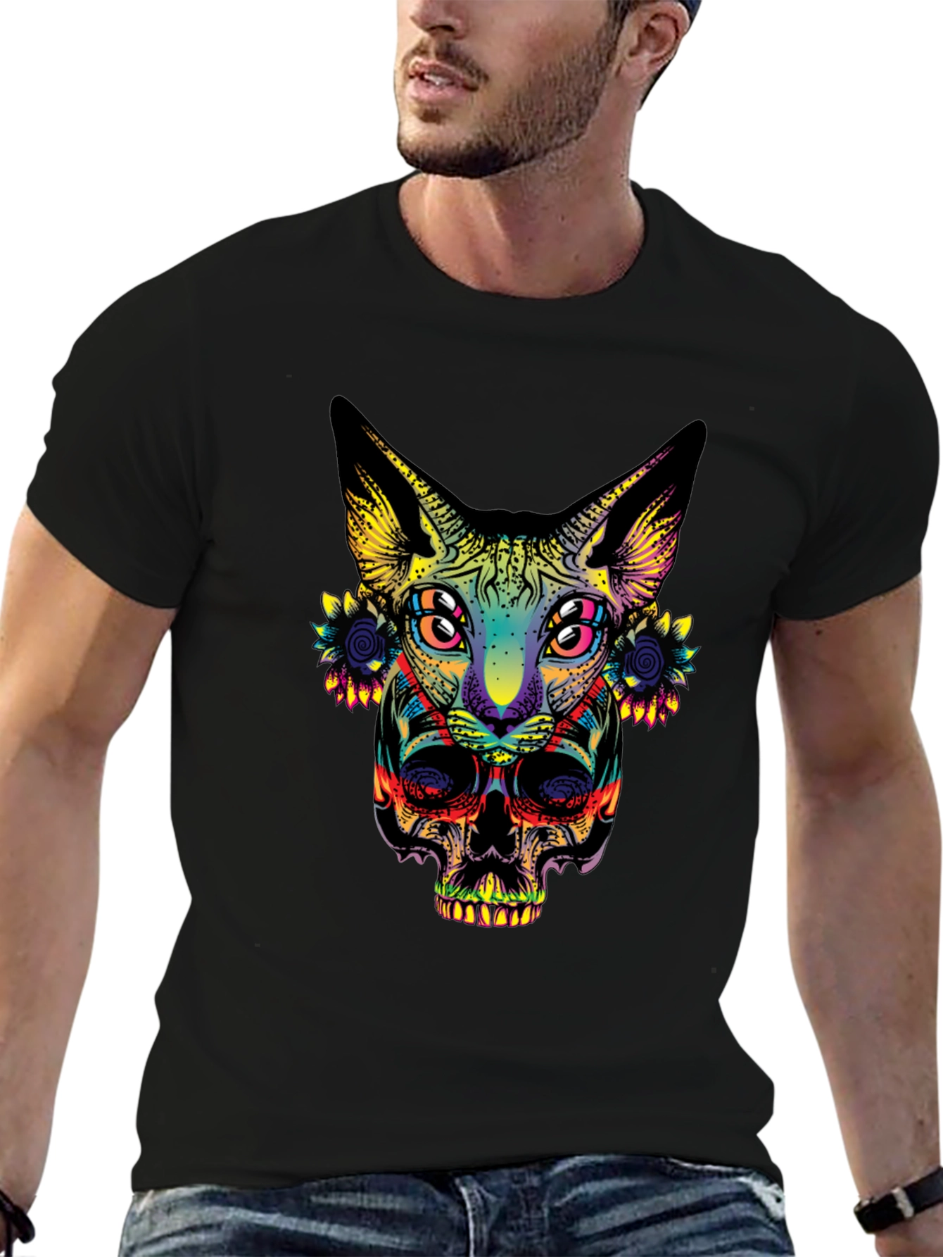 Psychedelic Cat & Skull Graphic T-Shirt