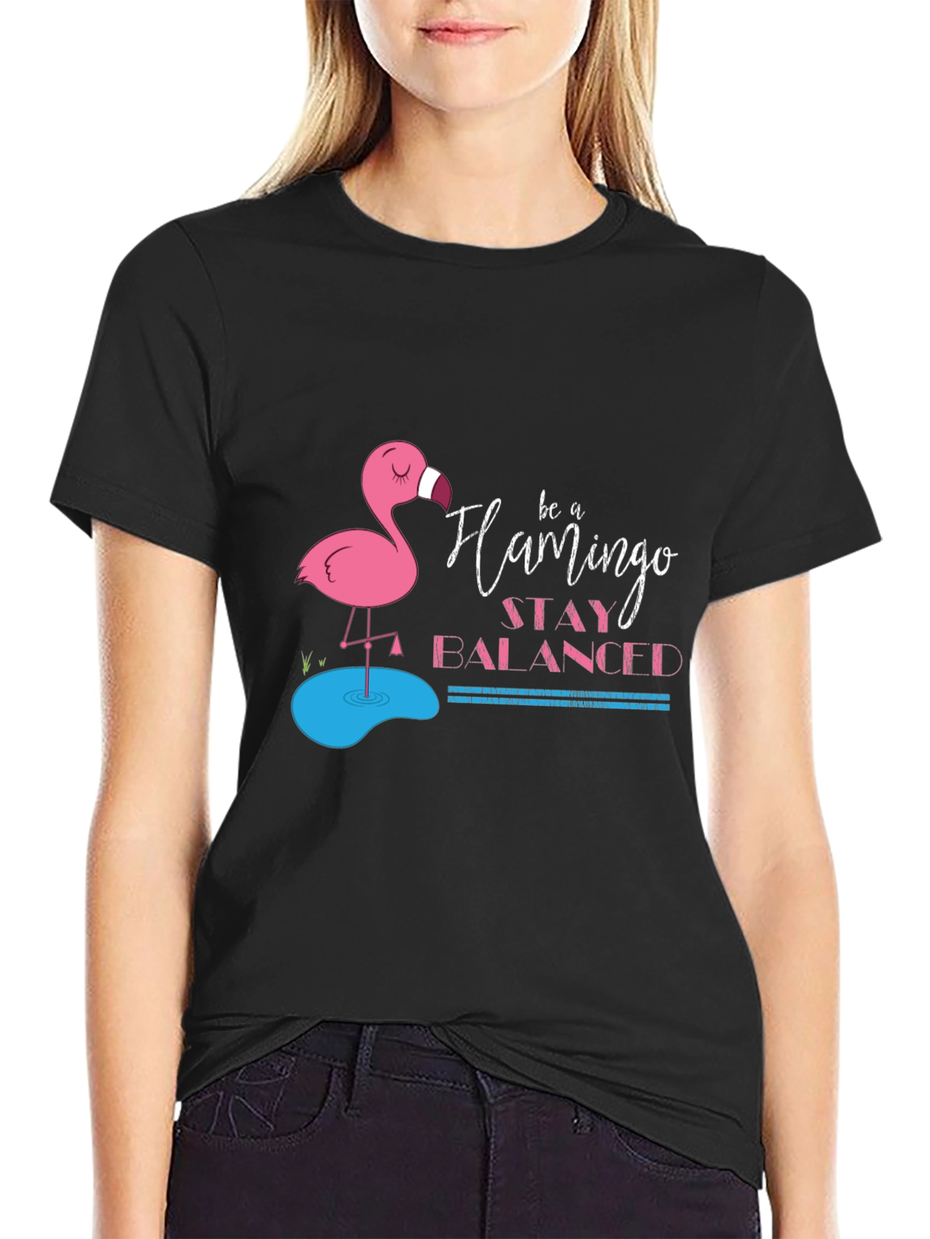Be a Flamingo Stay Balanced Black T-Shirt