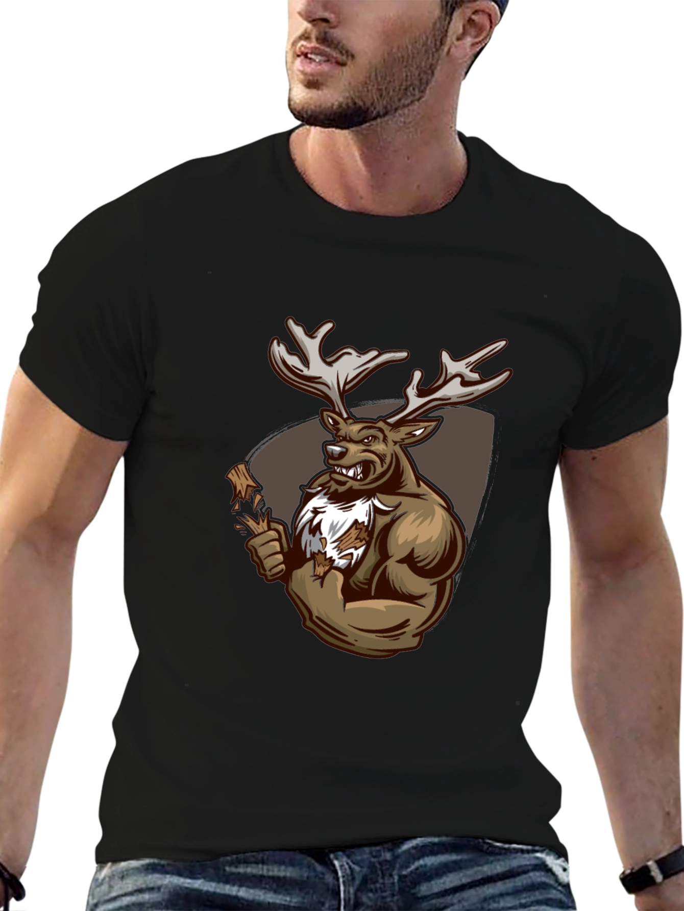 Black Graphic Tee: Muscular Deer