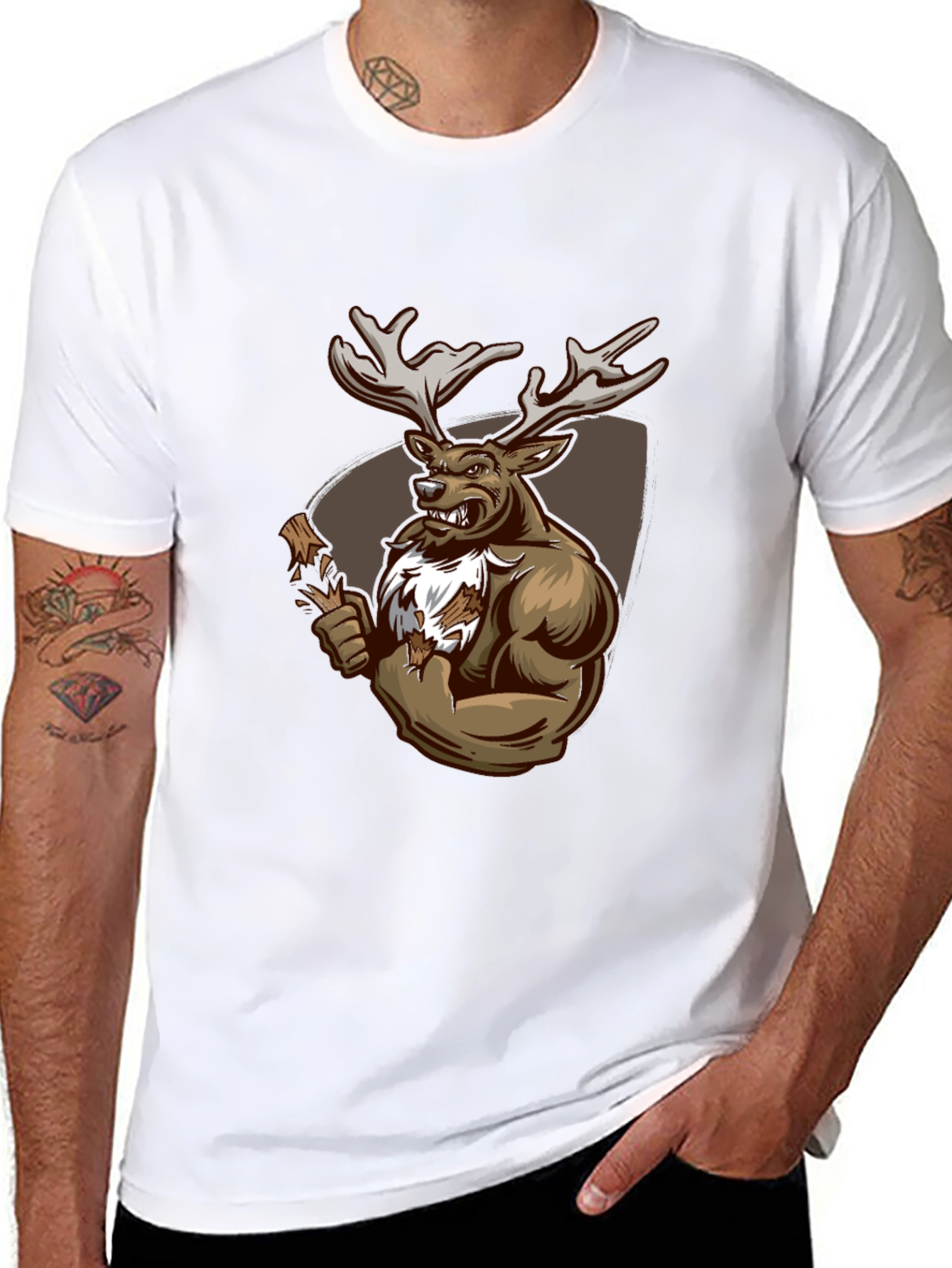 Black Graphic Tee: Muscular Deer
