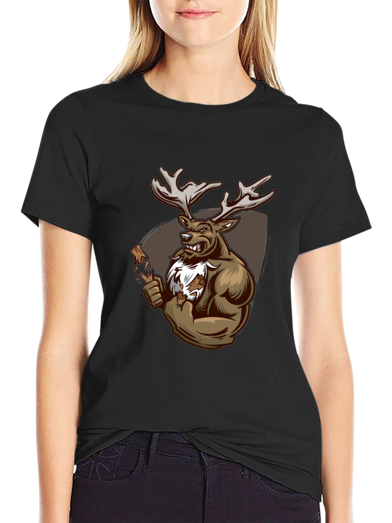 Black Graphic Tee: Muscular Deer