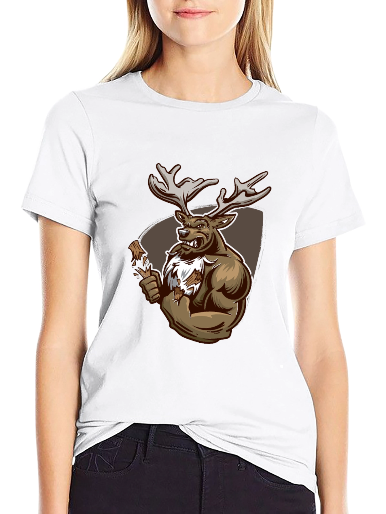 Black Graphic Tee: Muscular Deer