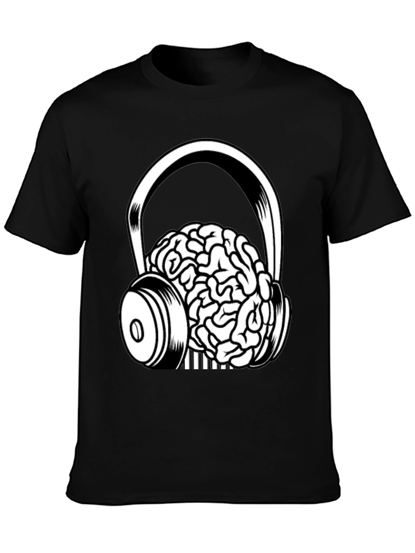 Brain in Headphones Graphic Tee - Black Cotton T-Shirt