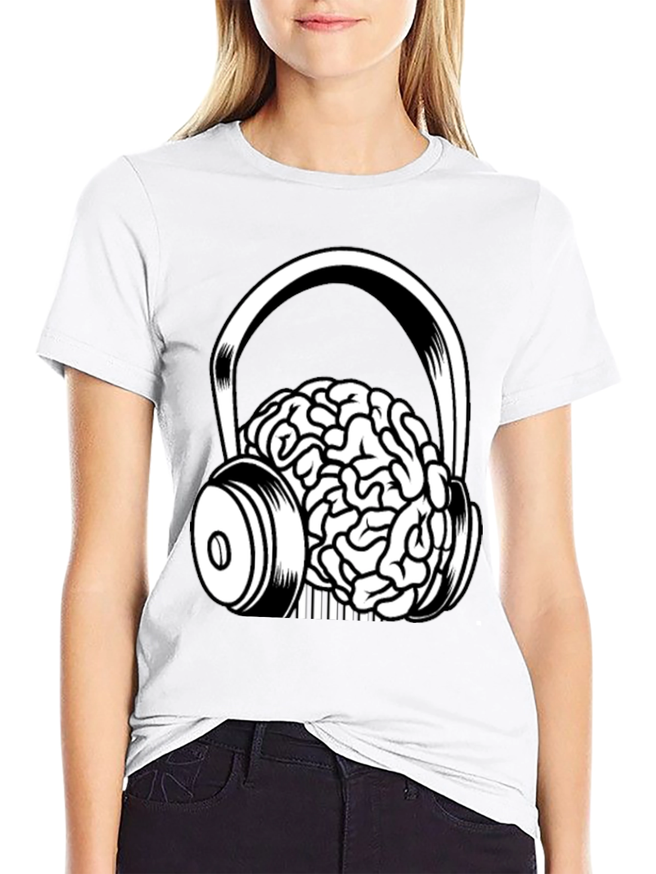 Brain in Headphones Graphic Tee - Black Cotton T-Shirt