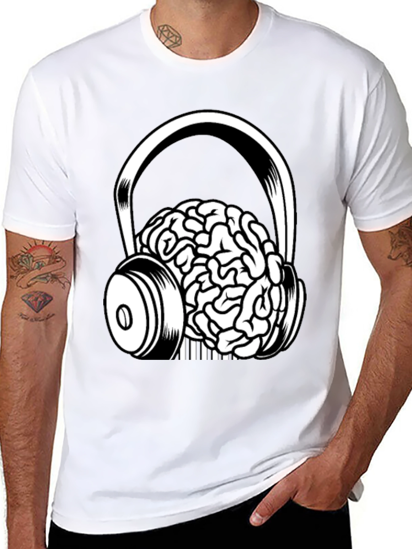 Brain in Headphones Graphic Tee - Black Cotton T-Shirt