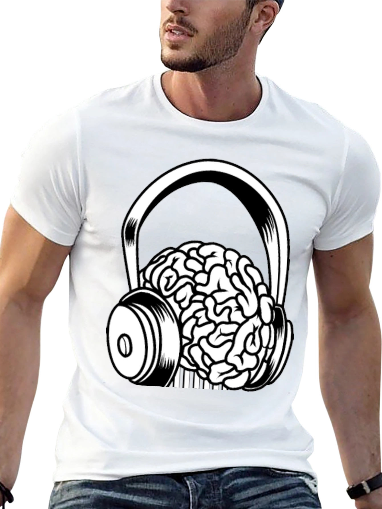 Brain in Headphones Graphic Tee - Black Cotton T-Shirt