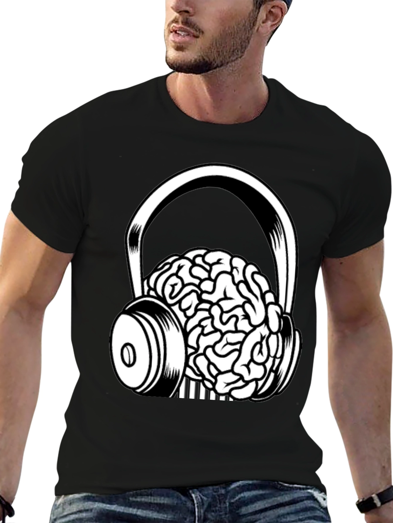 Brain in Headphones Graphic Tee - Black Cotton T-Shirt