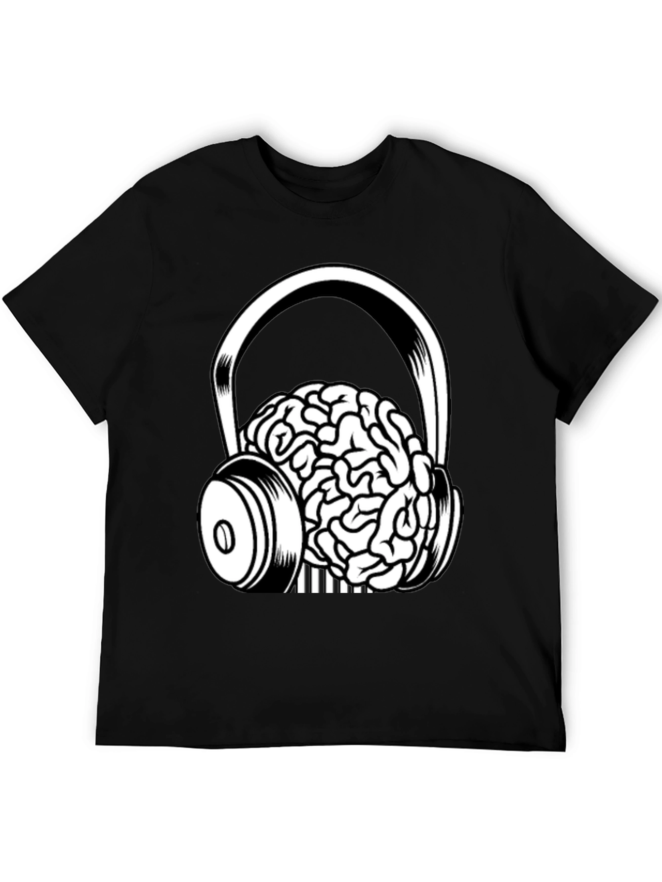 Brain in Headphones Graphic Tee - Black Cotton T-Shirt