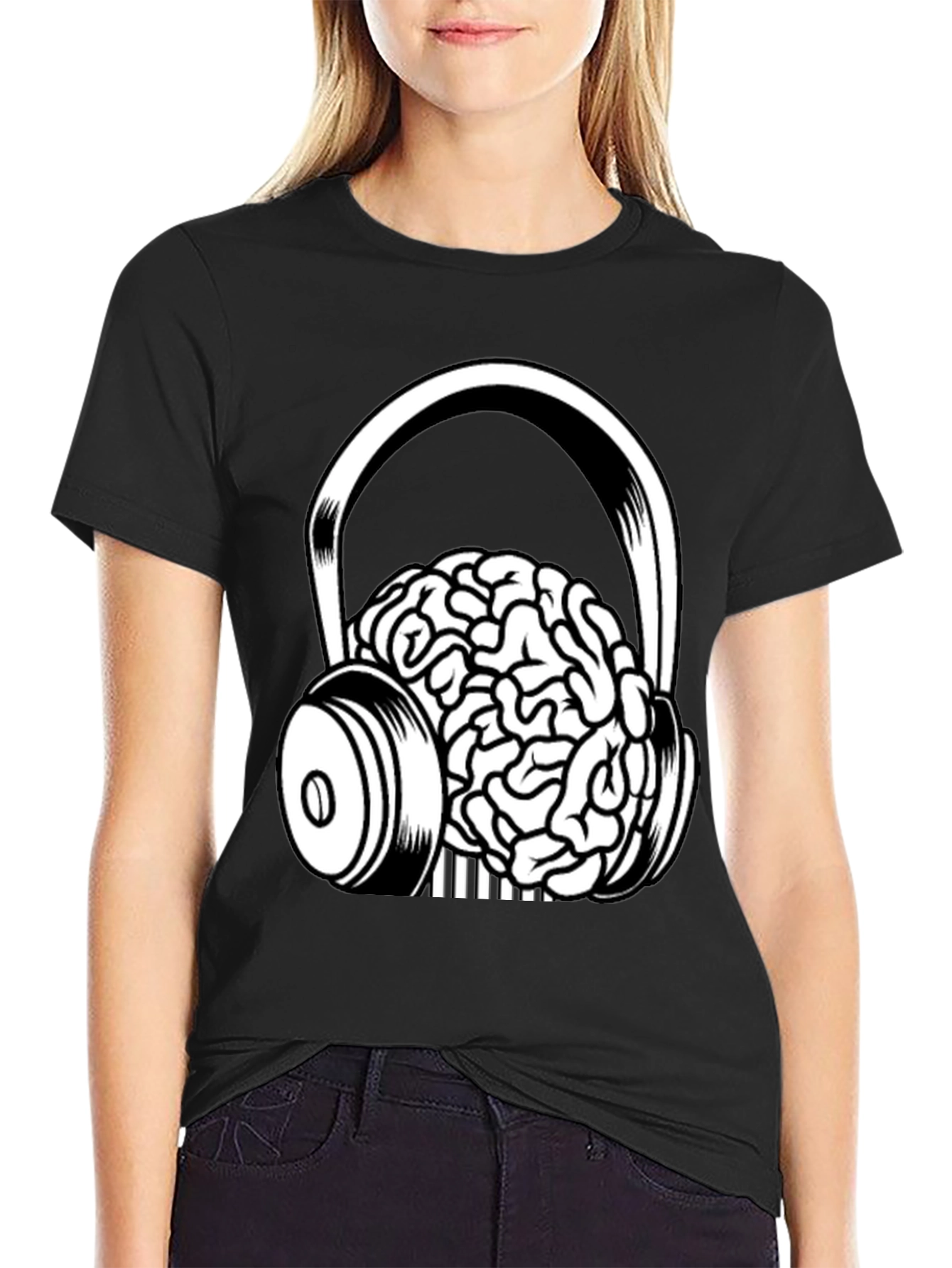 Brain in Headphones Graphic Tee - Black Cotton T-Shirt