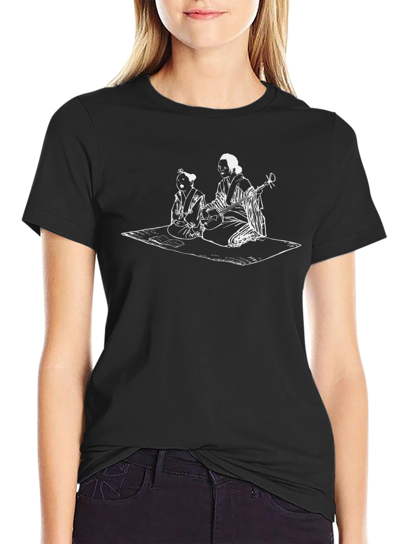 Black T-Shirt with Japanese Art Graphic Print
