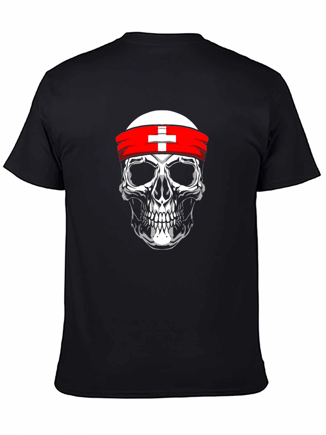 Skull T-Shirt with Swiss Flag Headband - Black