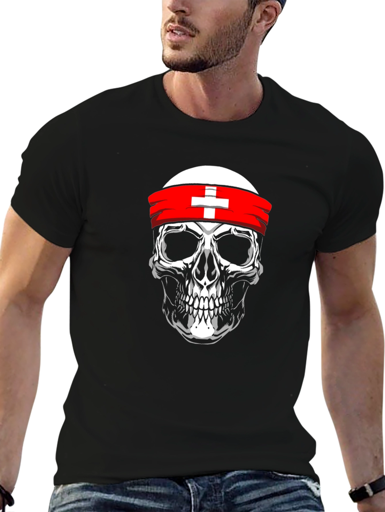 Skull T-Shirt with Swiss Flag Headband - Black