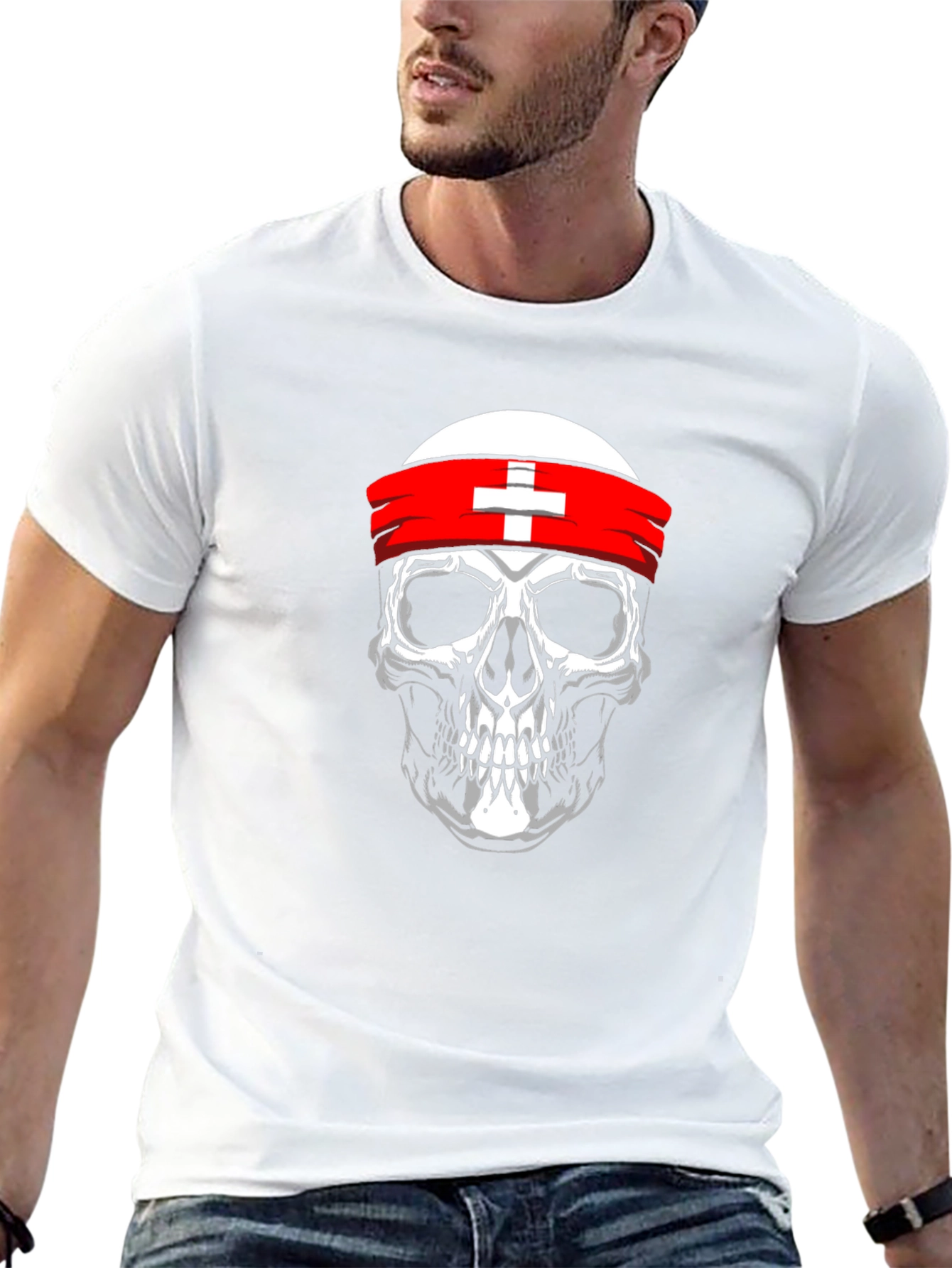 Skull T-Shirt with Swiss Flag Headband - Black