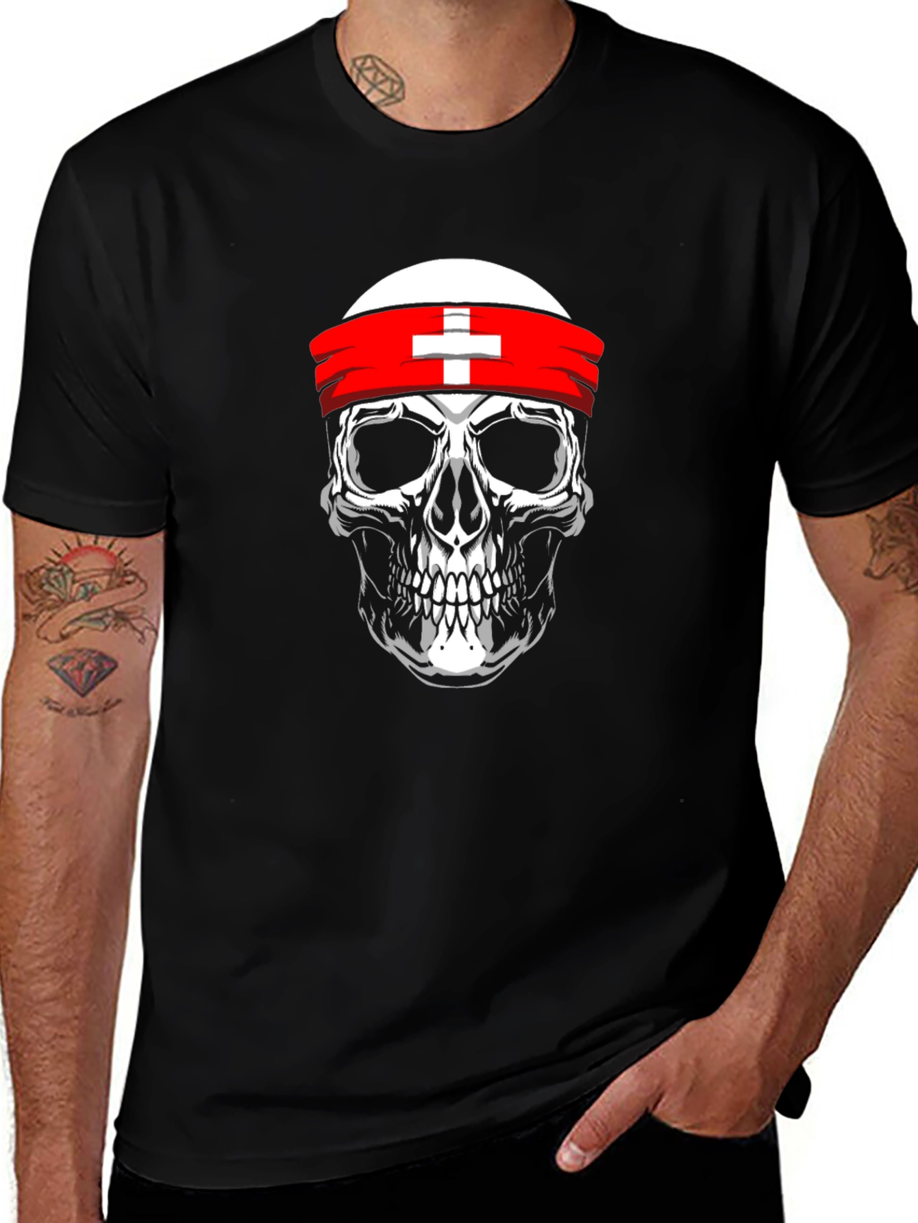 Skull T-Shirt with Swiss Flag Headband - Black