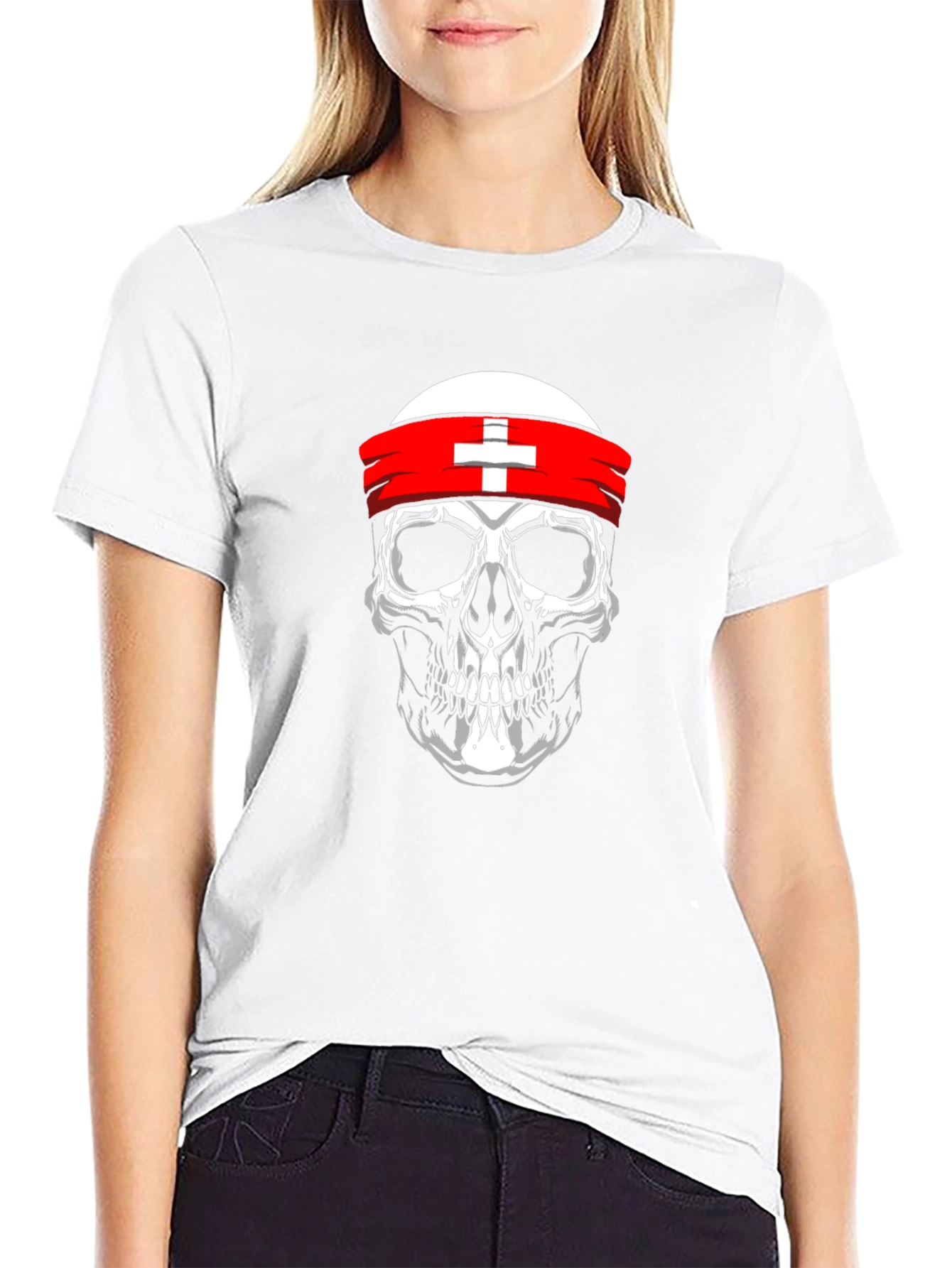 Skull T-Shirt with Swiss Flag Headband - Black