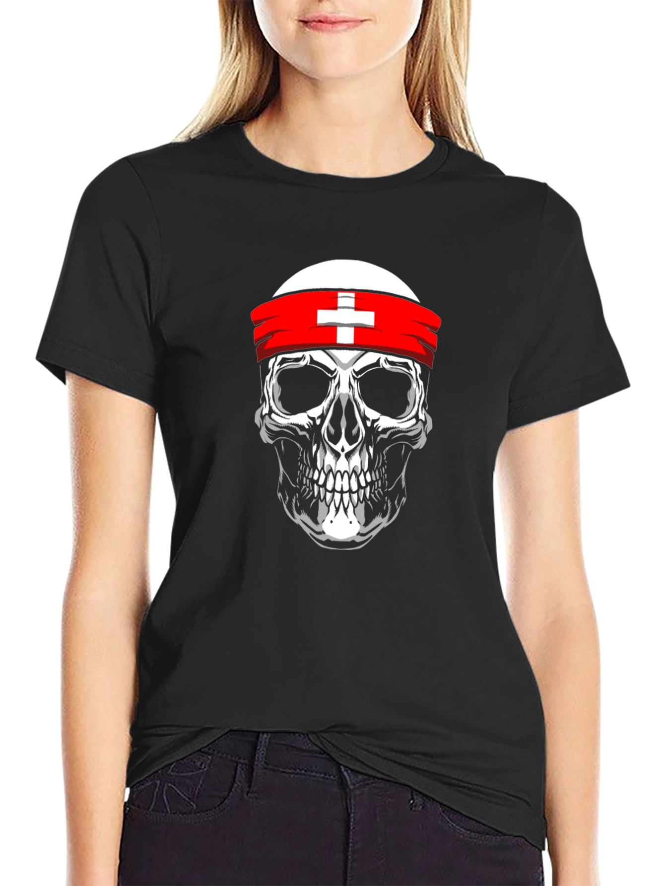 Skull T-Shirt with Swiss Flag Headband - Black